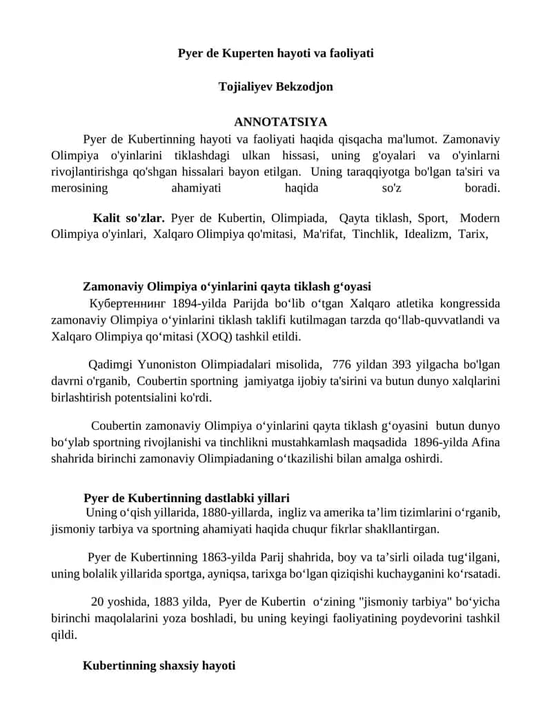 Pyer de Kuperten hayoti va faoliyati 1