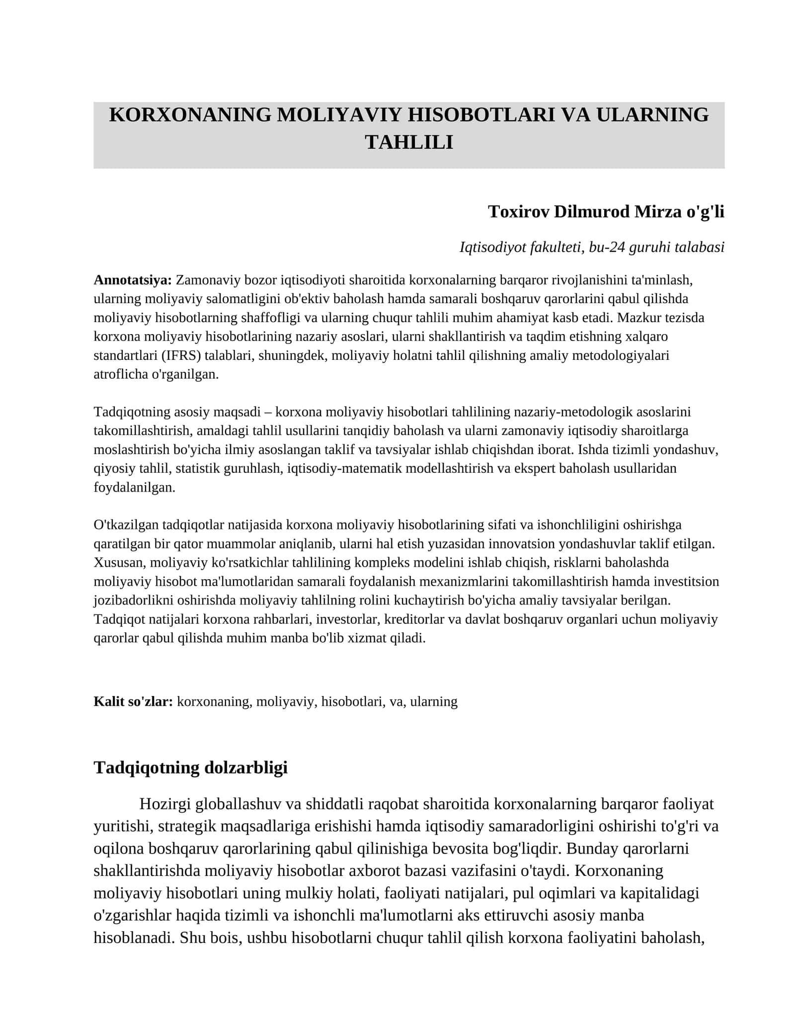 korxonaning moliyaviy hisobotlari va ularning tahlili 1