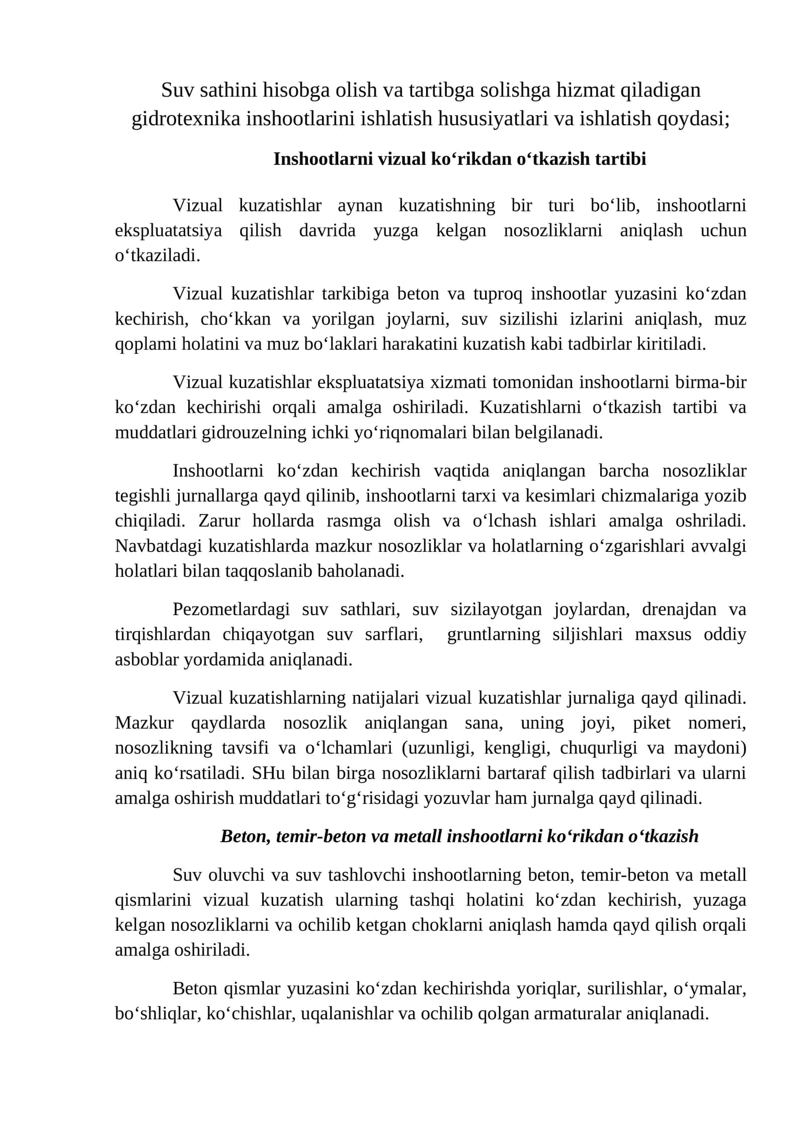 Suv sathini hisobga olish va tartibga solishga hizmat qiladigan gidrotexnika inshootlarini ishlatish hususiyatlari va ishlatish qoydasi 1