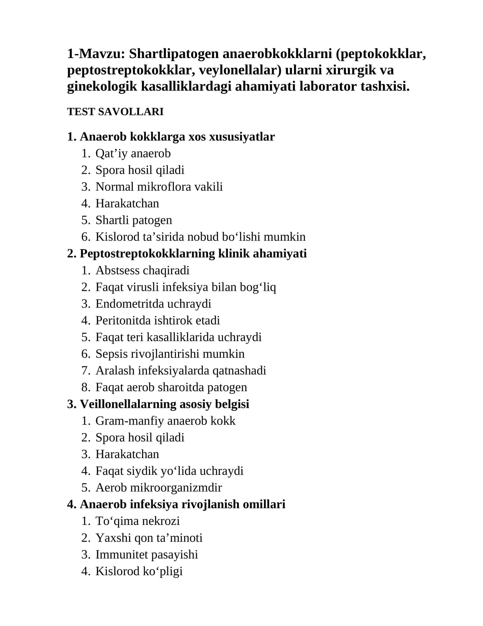 Shartlipatogen anaerobkokklarni (peptokokklar, peptostreptokokklar, veylonellalar) ularni xirurgik va ginekologik kasalliklardagi ahamiyati laborator tashxisi 1