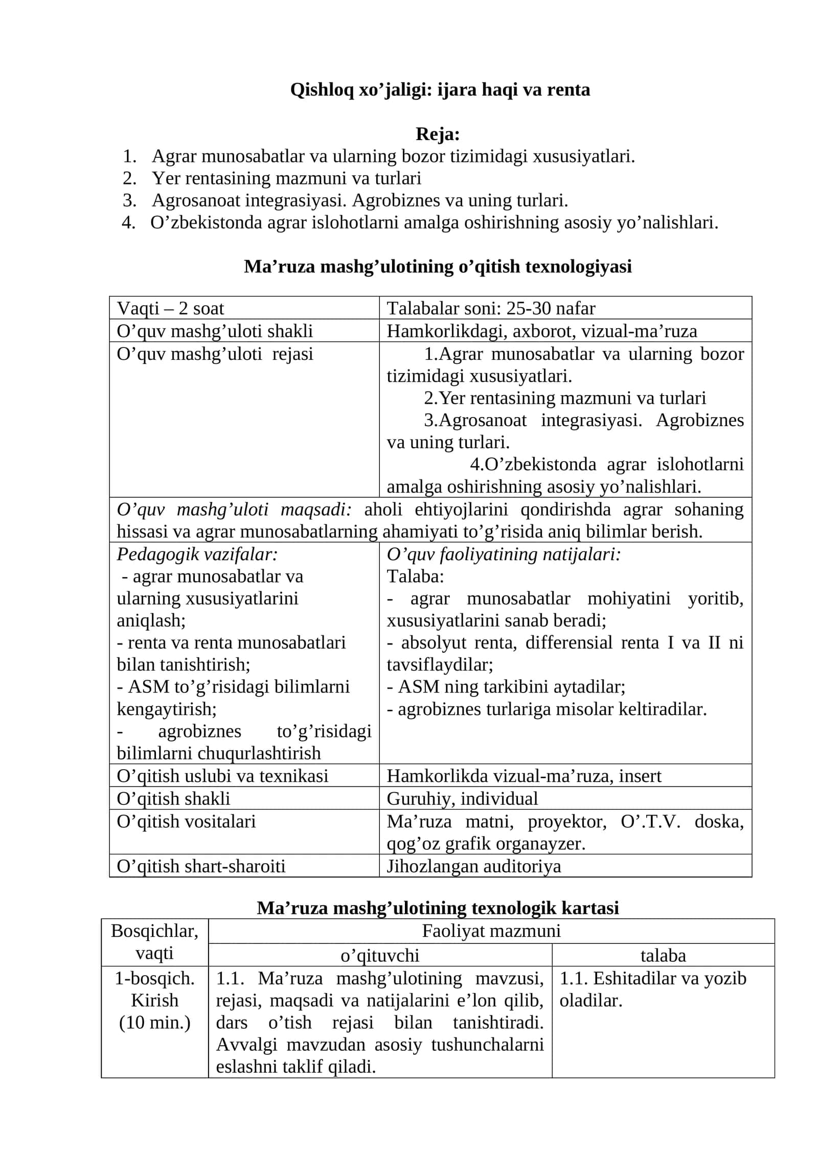 Qishloq xo’jaligi: ijara haqi va renta 1