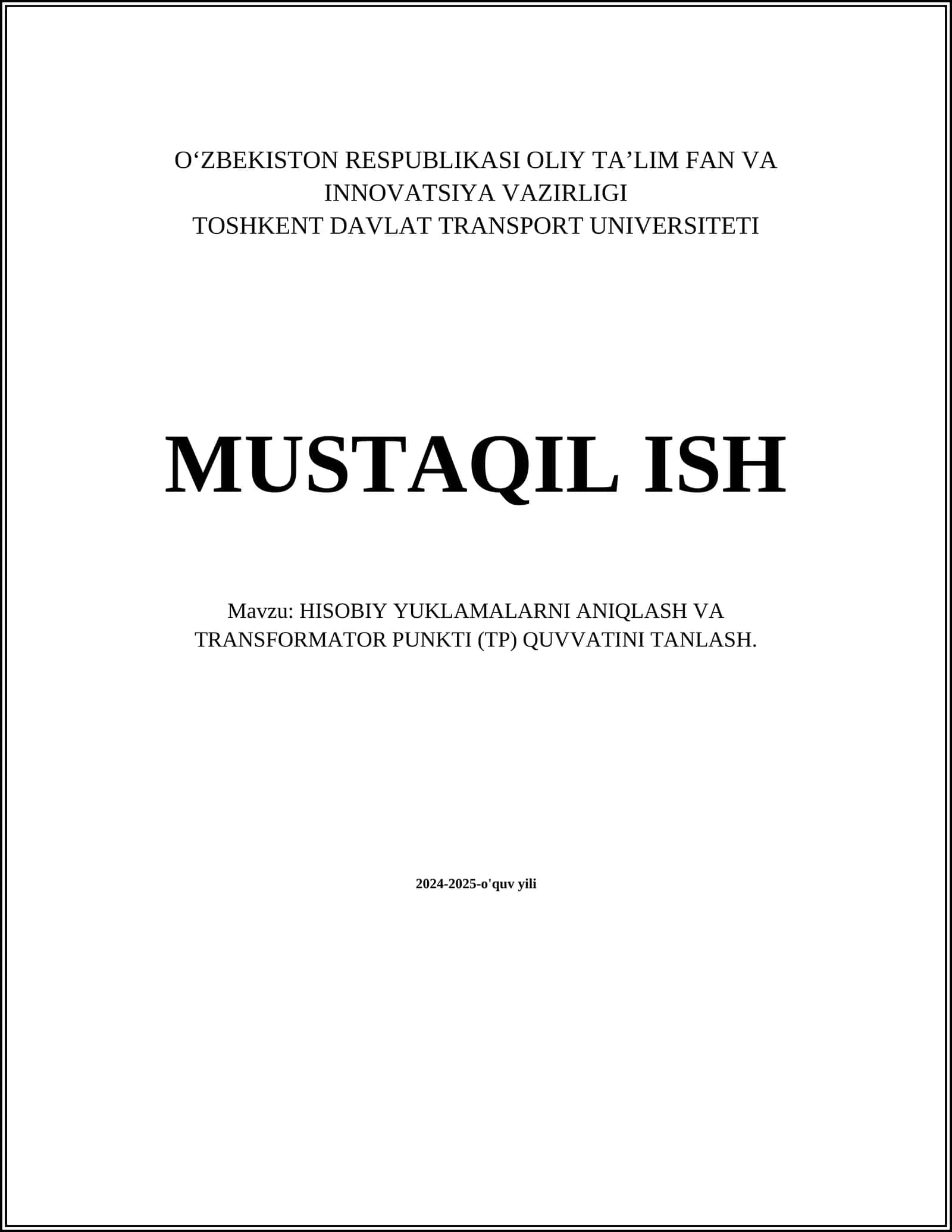 HISOBIY YUKLAMALARNI ANIQLASH VA TRANSFORMATOR PUNKTI (TP) QUVVATINI TANLASH 1