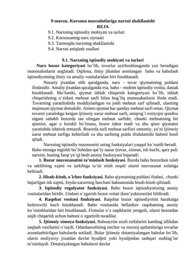 9-mavzu. Korxona maxsulotlariga narxni shakllanishi 1