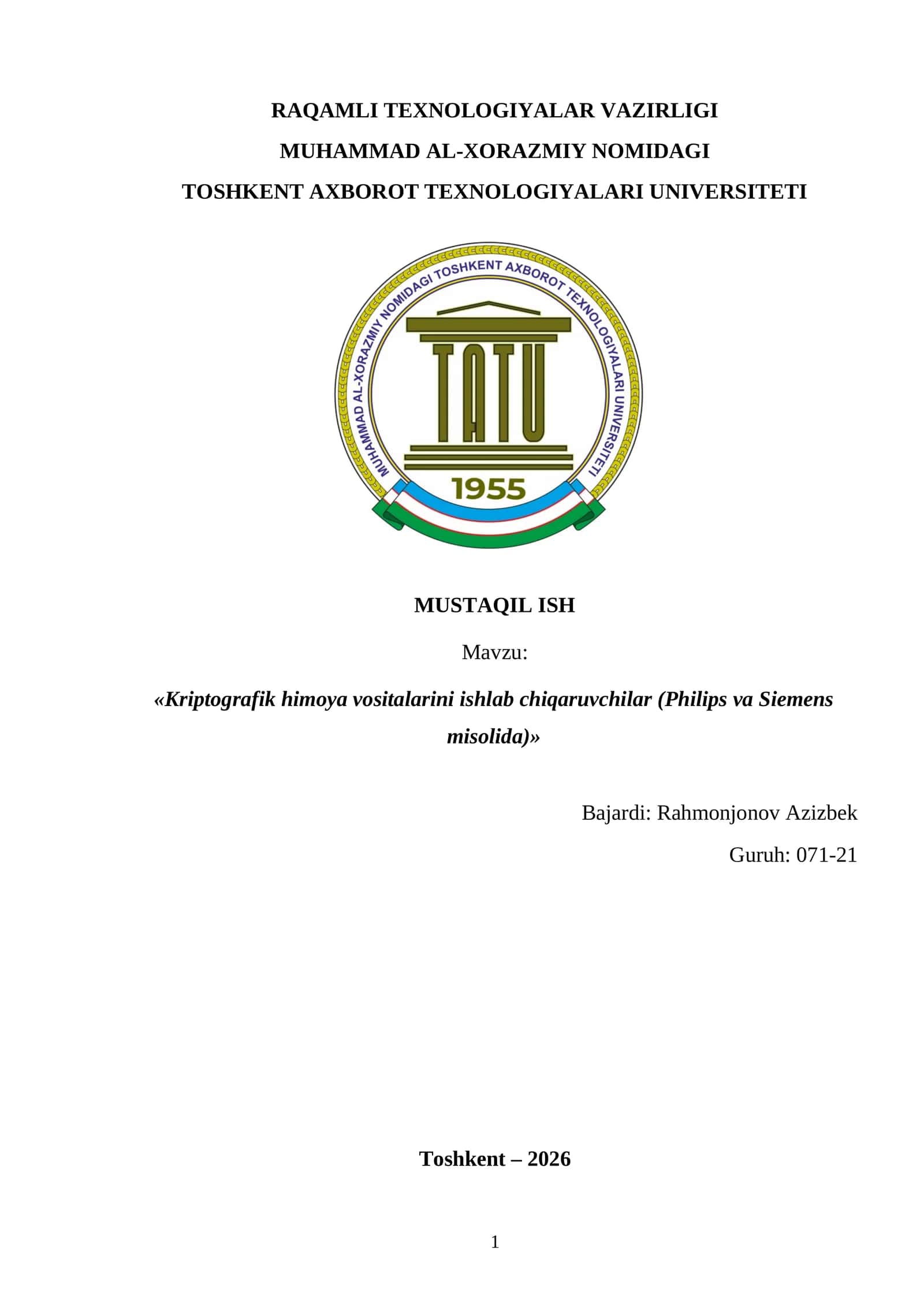 Kriptografik himoya vositalarini ishlab chiqaruvchilar (Philips va Siemens) misolida 1