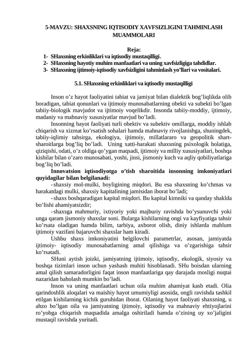 SHAXSNING IQTISODIY XAVFSIZLIGINI TAHMINLASH MUAMMOLARI 1