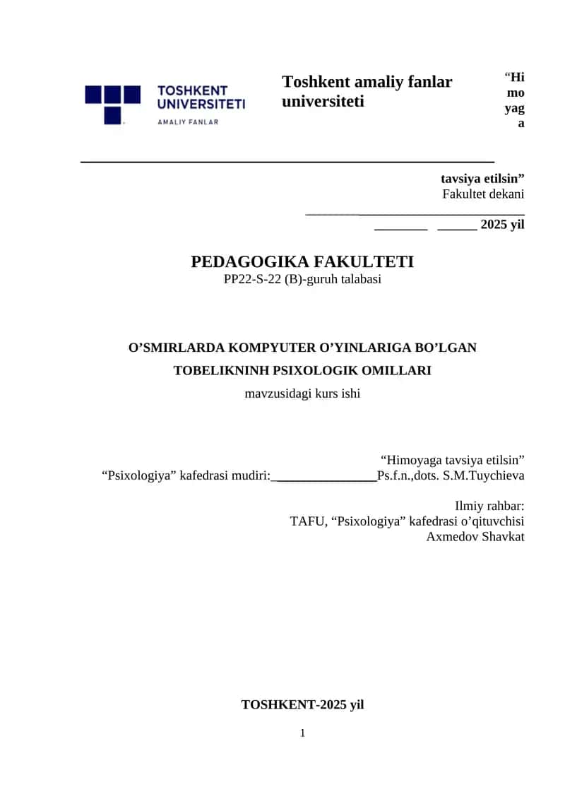 O’SMIRLARDA KOMPYUTER O’YINLARIGA BO’LGAN TOBELIKNINH PSIXOLOGIK OMILLARI 1
