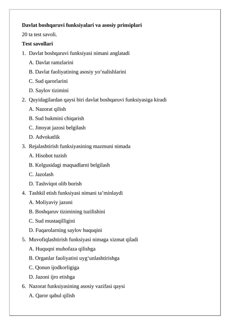 Davlat boshqaruvi funksiyalari va asosiy prinsiplari 1