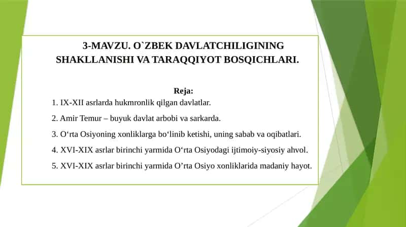 O`ZBEK DAVLATCHILIGINING SHAKLLANISHI VA TARAQQIYOT BOSQICHLARI 1