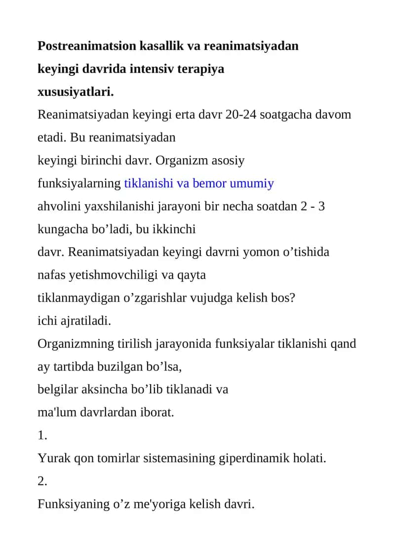 Postreanimatsion kasallikvareanimatsiyadan keyingidavridaintensivterapiya xususiyatlari 1