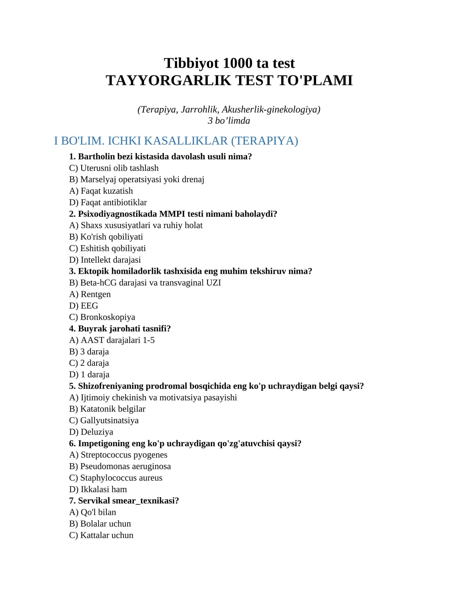 Tibbiyot 1000 ta test 1