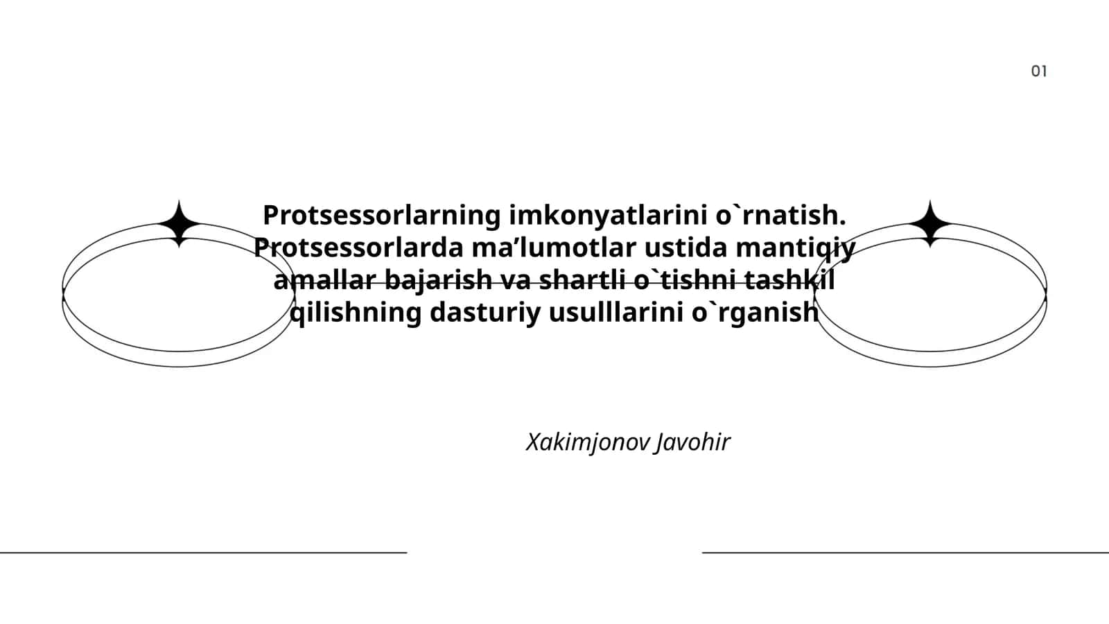 Protsessorlarning imkonyatlarini o`rnatish. Protsessorlarda ma’lumotlar ustida mantiqiy amallar bajarish va shartli o`tishni tashkil qilishning dasturiy usulllarini o`rganish 1