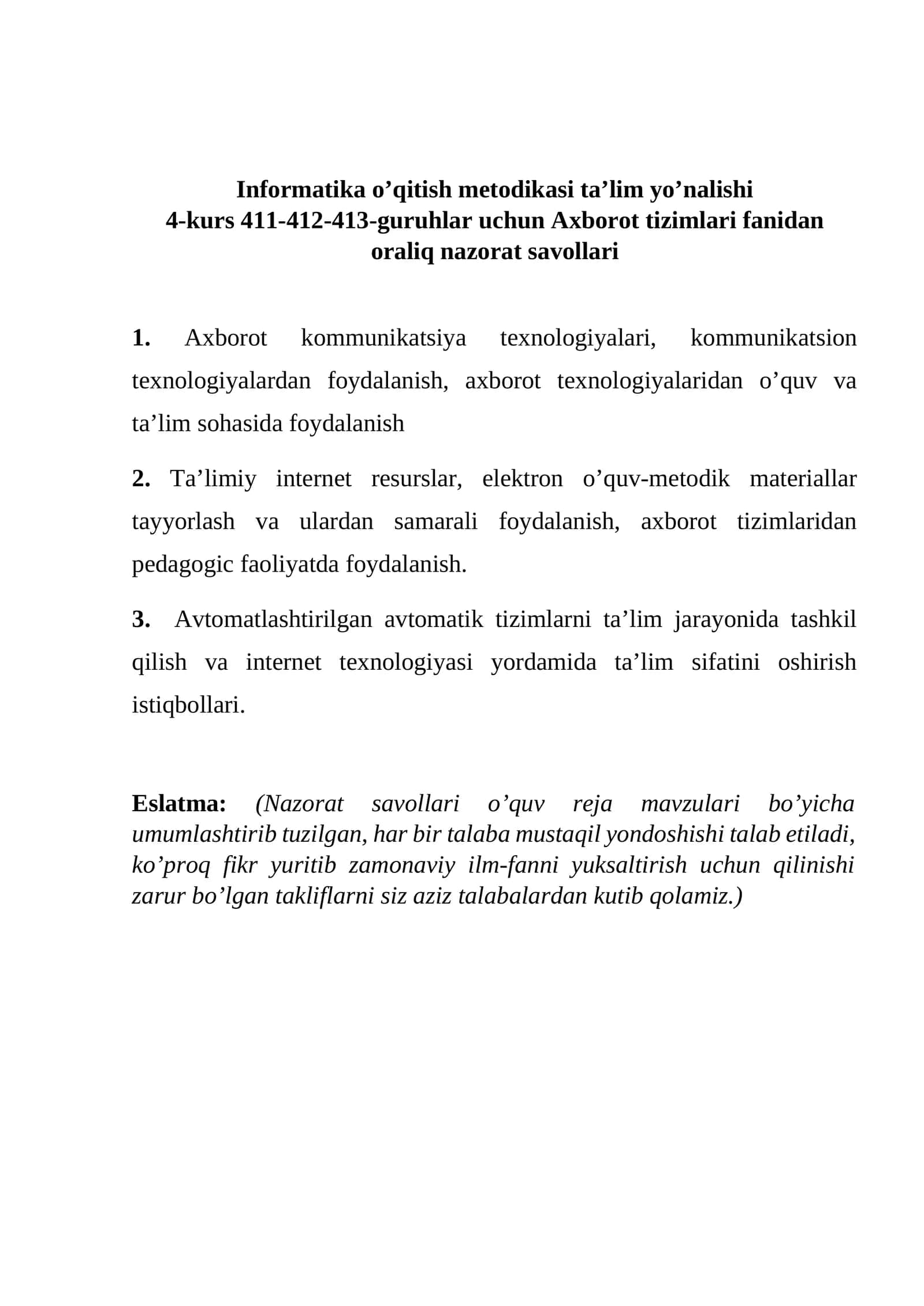Axborot tizimlari fanidan oraliq nazorat savollari 1
