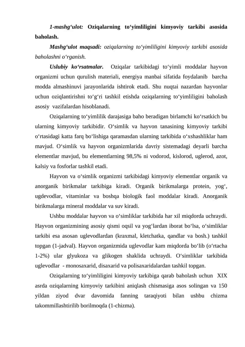 Oziqalarning to‘yimliligini kimyoviy tarkibi asosida baholash 1