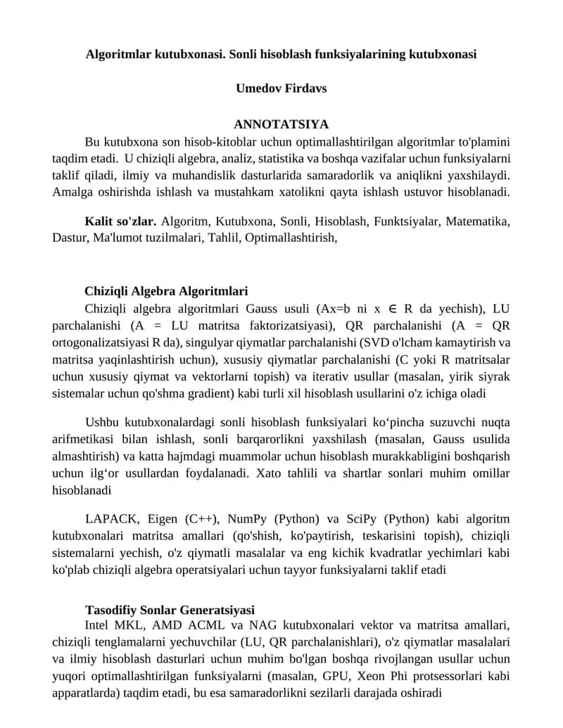Algoritmlar kutubxonasi. Sonli hisoblash funksiyalarining kutubxonasi 1