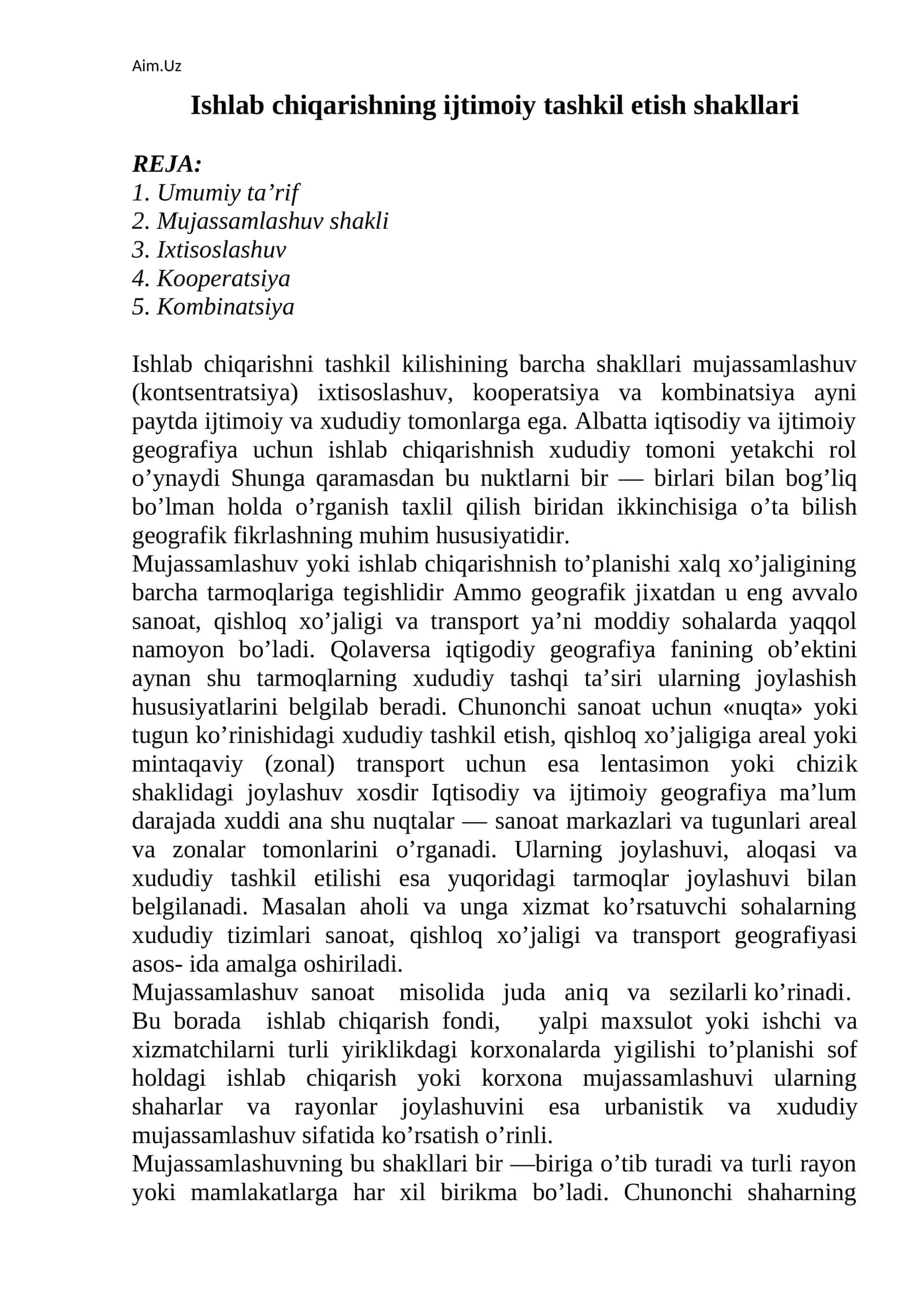Ishlab chiqarishning ijtimoiy tashkil etish shakllari 1