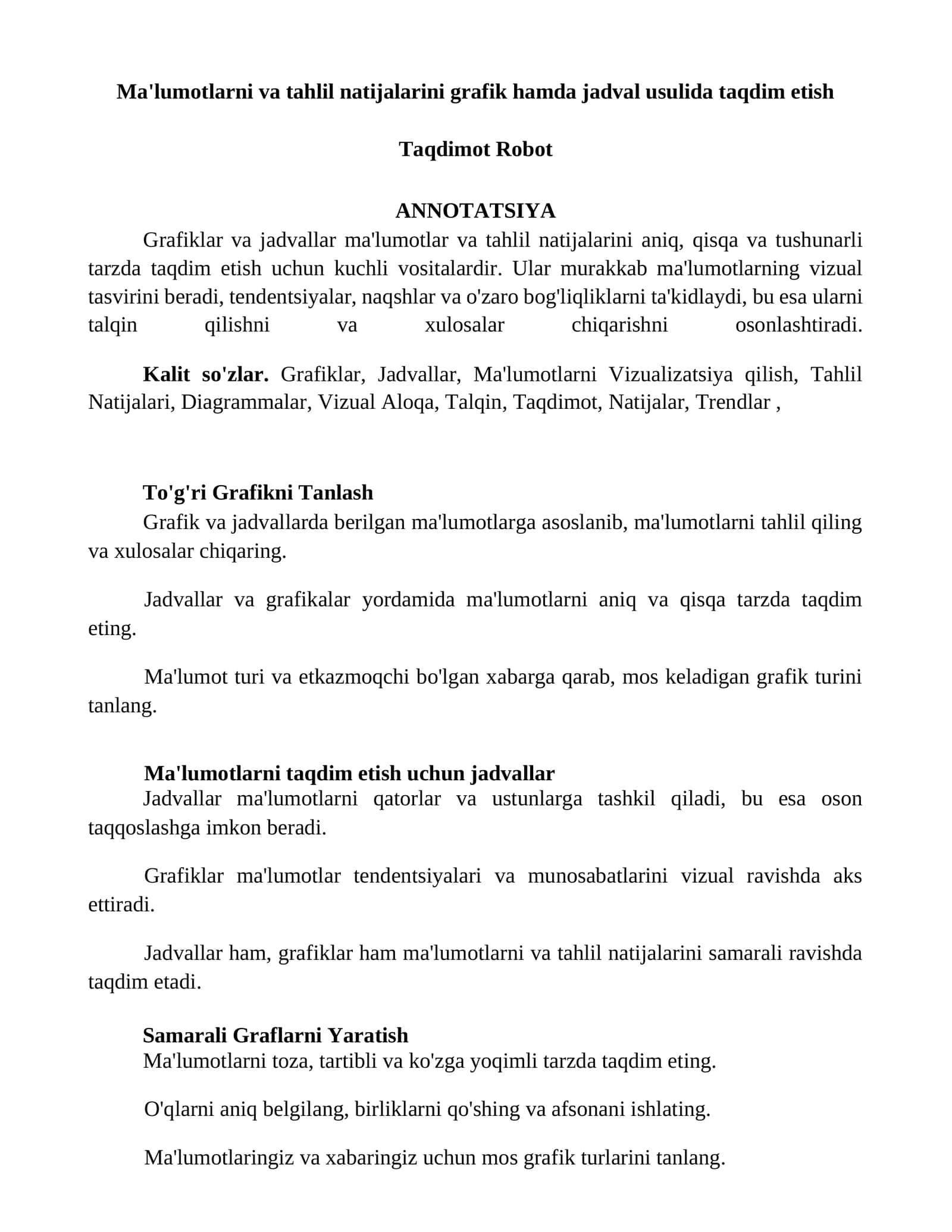 Grafiklar va Jadvallar Ma'lumotlarni Vizualizatsiya qilish 1