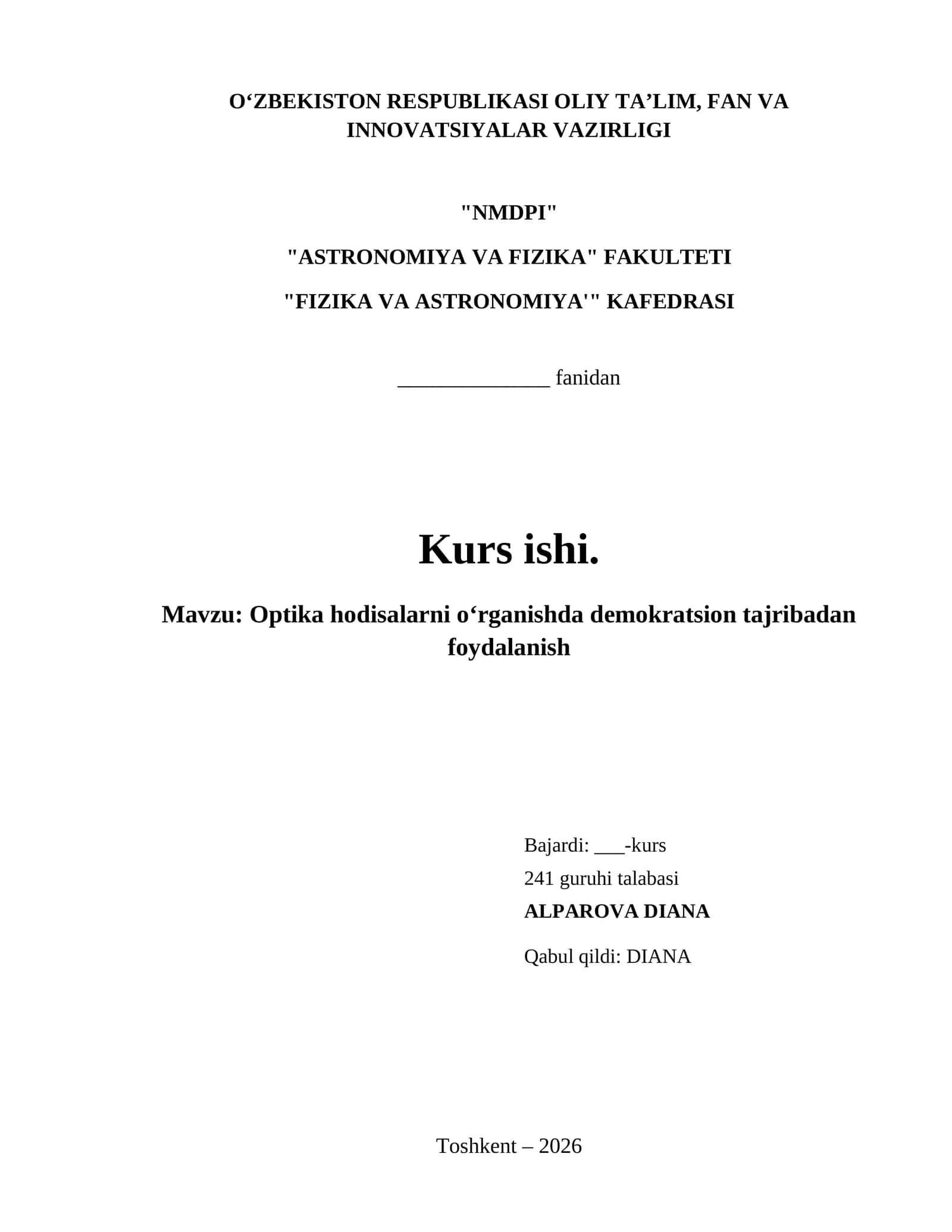 Optika hodisalarni oʻrganishda demokratsion tajribadan foydalanish 1