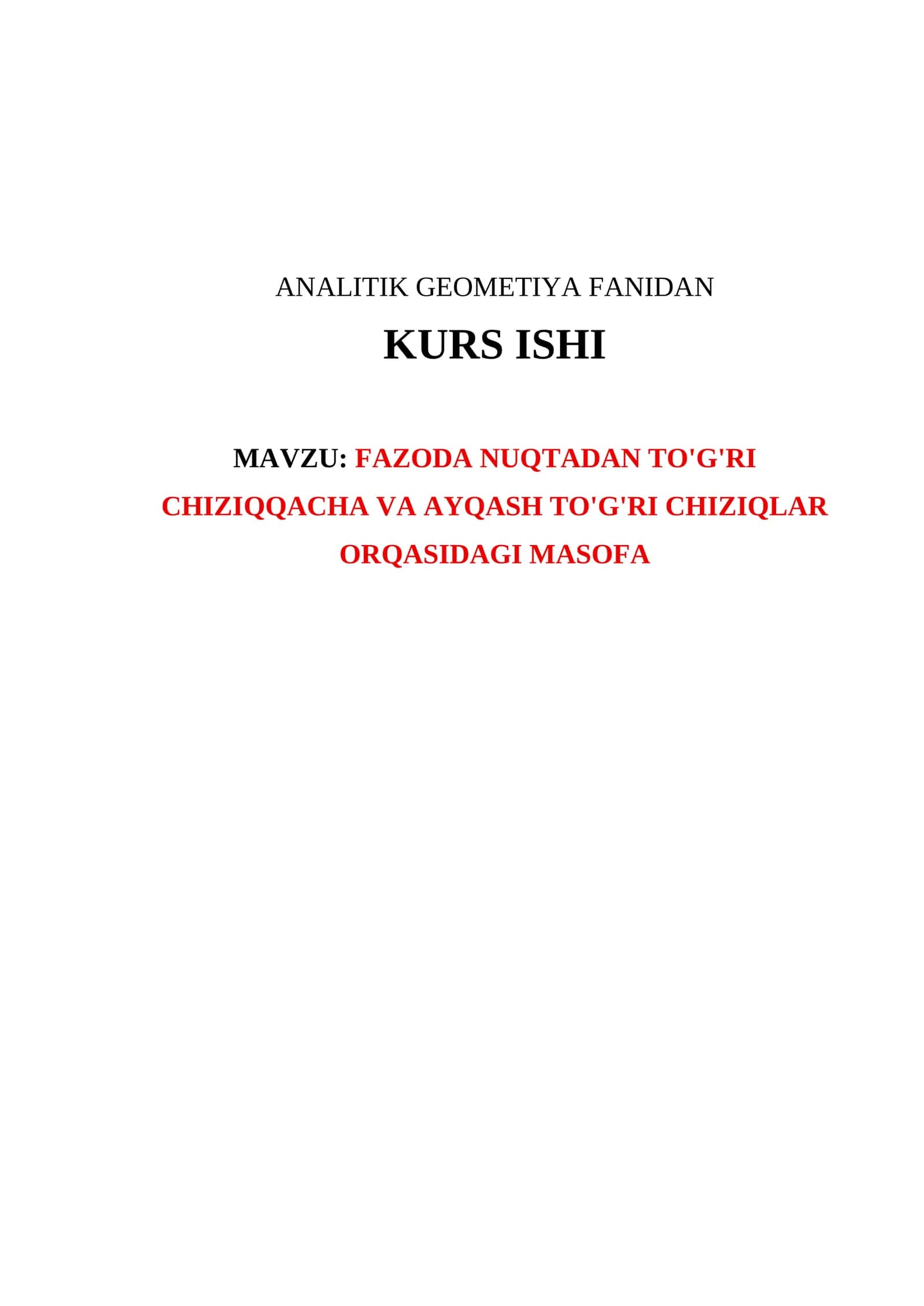 FAZODA NUQTADAN TO'G'RI CHIZIQQACHA VA AYQASH TO'G'RI CHIZIQLAR ORQASIDAGI MASOFA 1
