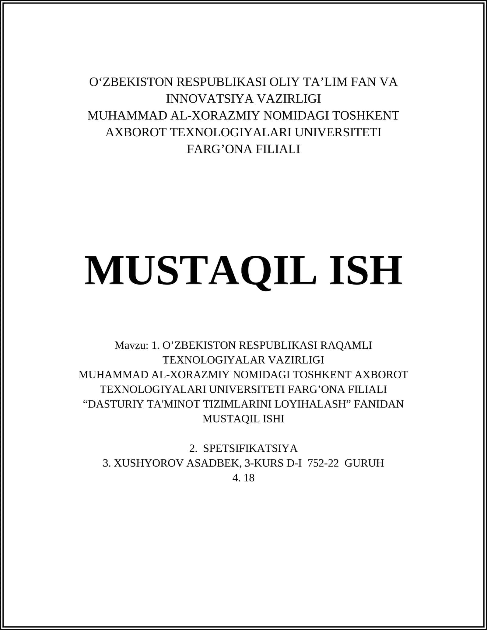 DASTURIY TA'MINOT TIZIMLARINING LOYIHALASH 1