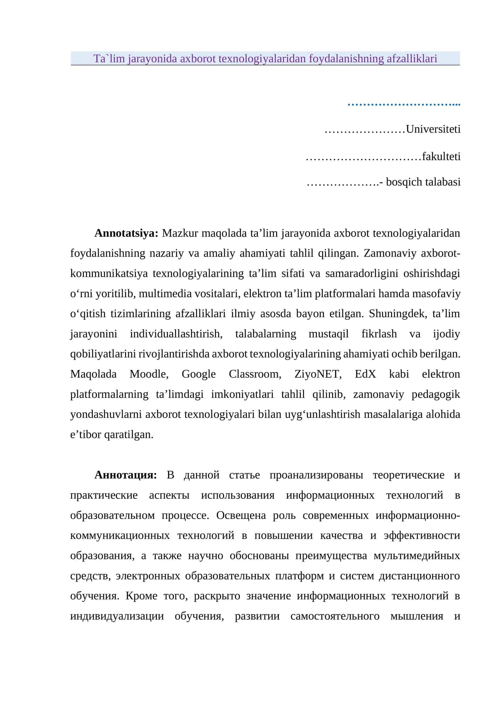 "Ta`lim jarayonida axborot texnologiyalaridan foydalanishning afzalliklari" maqola 1