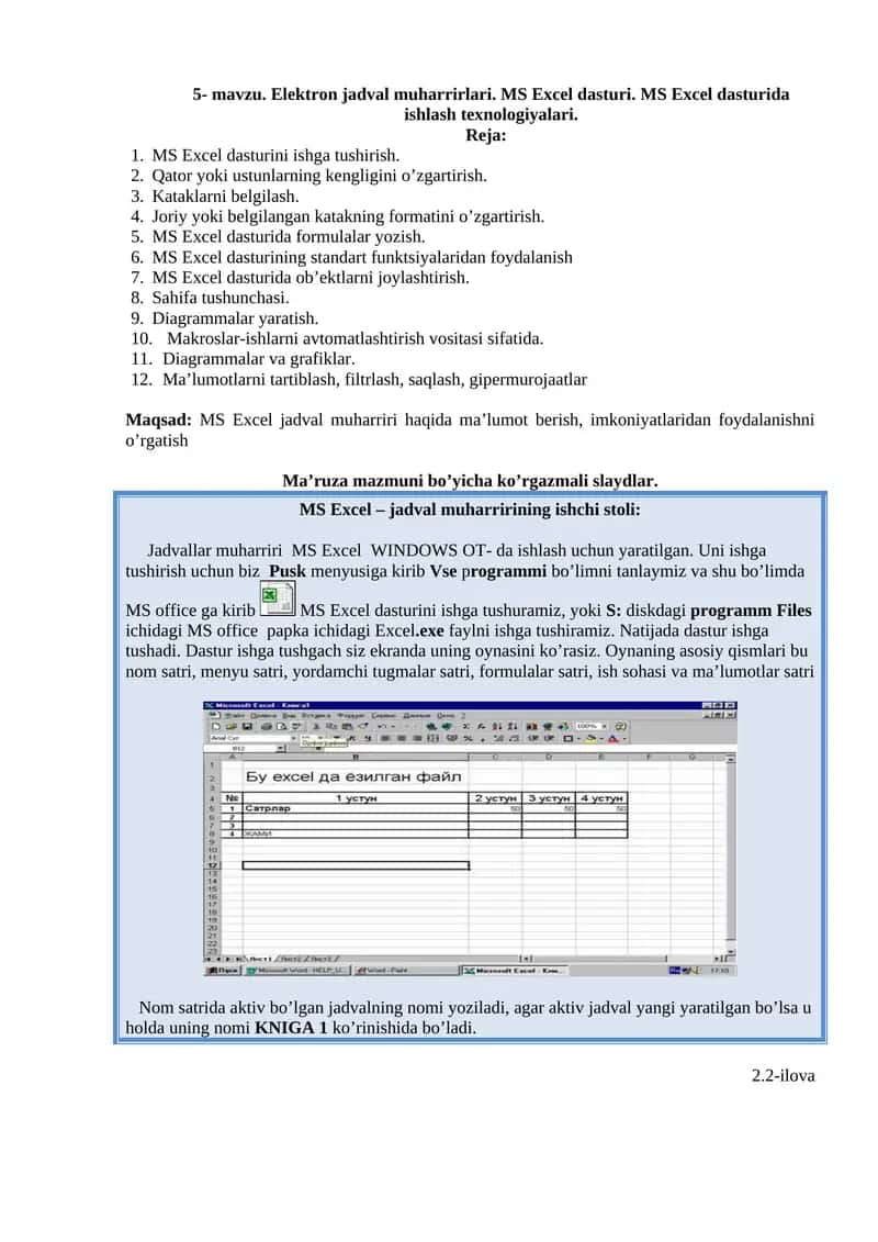 Elektron jadval muharrirlari. MS Excel dasturi 1
