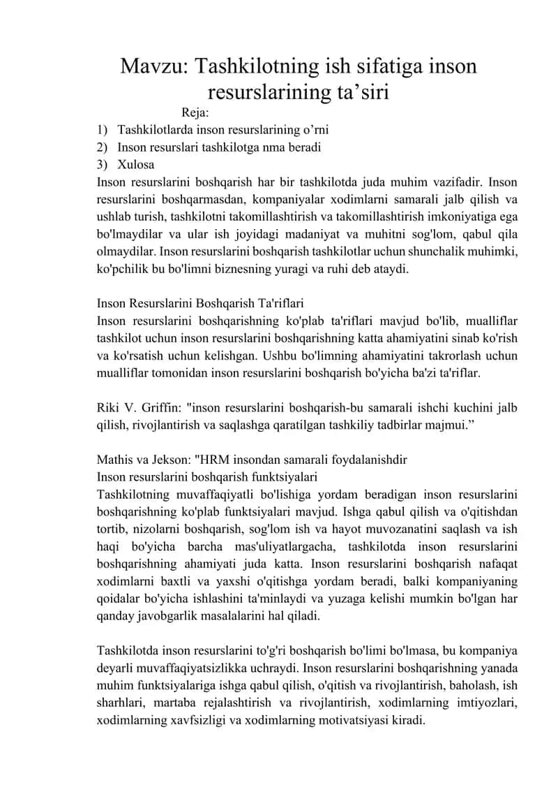 Tashkilotning ish sifatiga inson resurslarining ta’siri 1