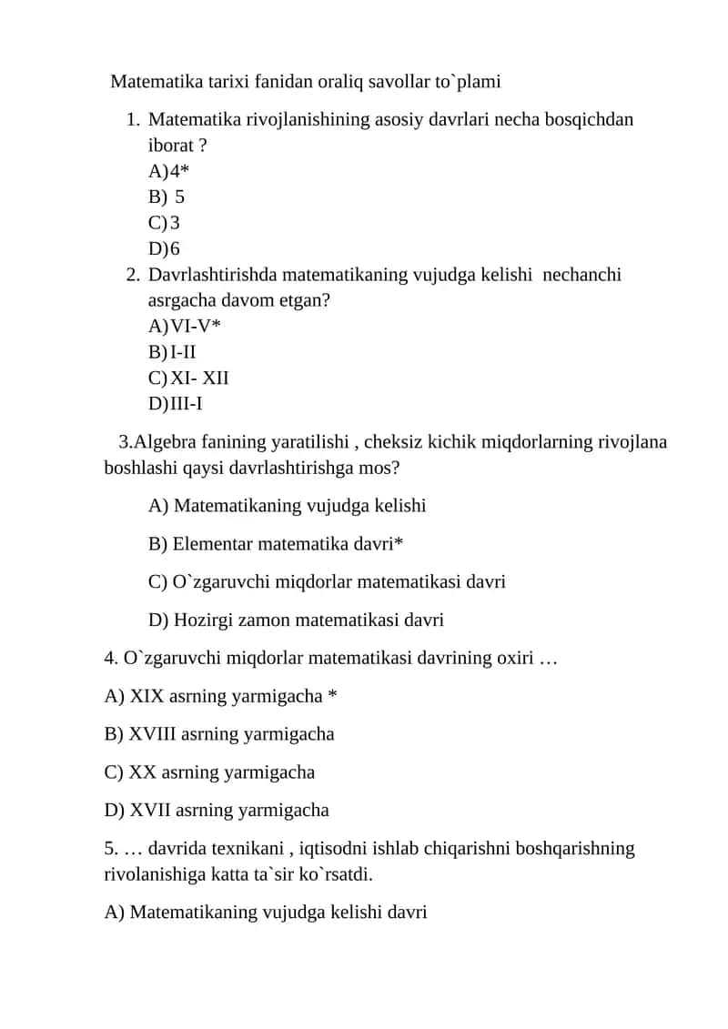 Matematika tarixi fanidan oraliq savollar to`plami 1