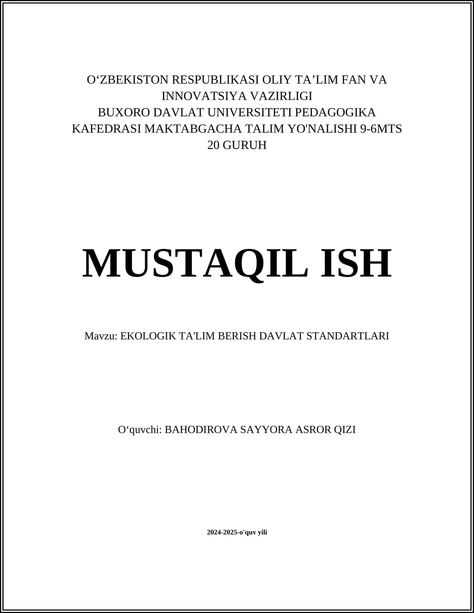 EKOLOGIK TA'LIM BERISH DAVLAT STANDARTLARI 1