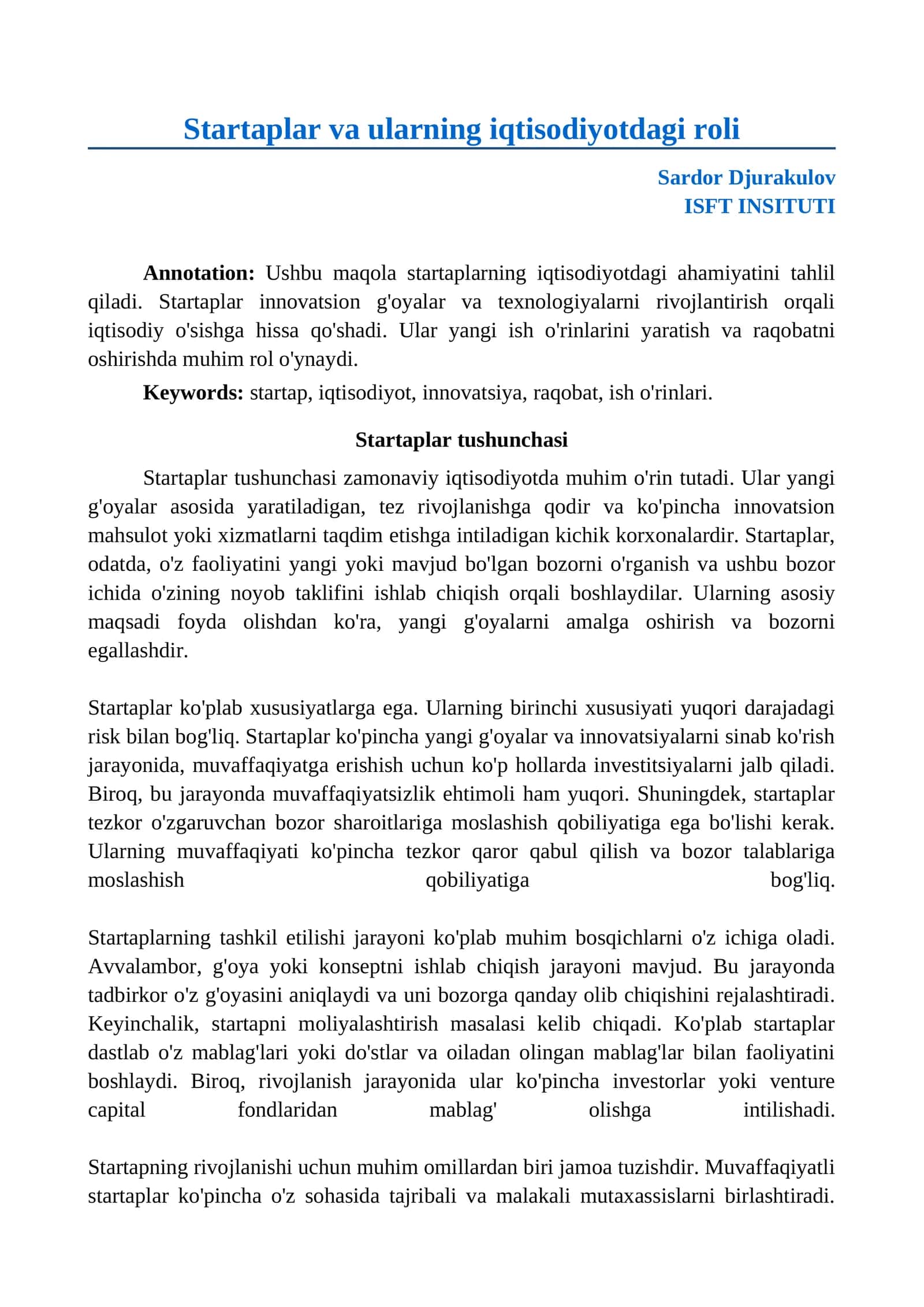 Startaplar va ularning iqtisodiyotdagi roli 1