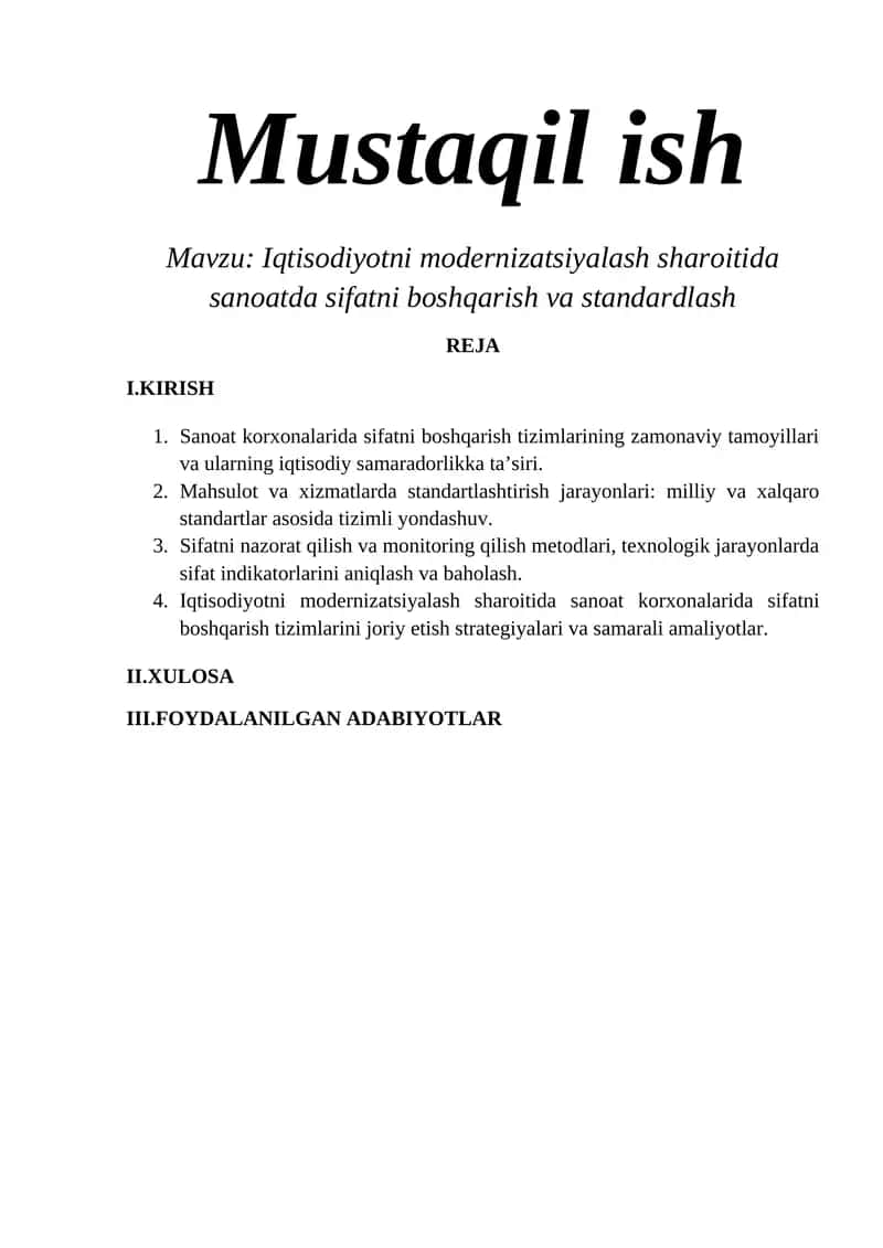 Iqtisodiyotni modernizatsiyalash sharoitida sanoatda sifatni boshqarish va standardlash 1