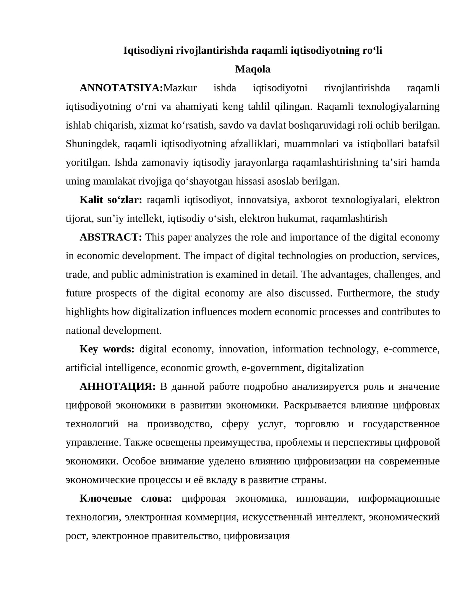 Iqtisodiyni rivojlantirishda raqamli iqtisodiyotning roʻli 1