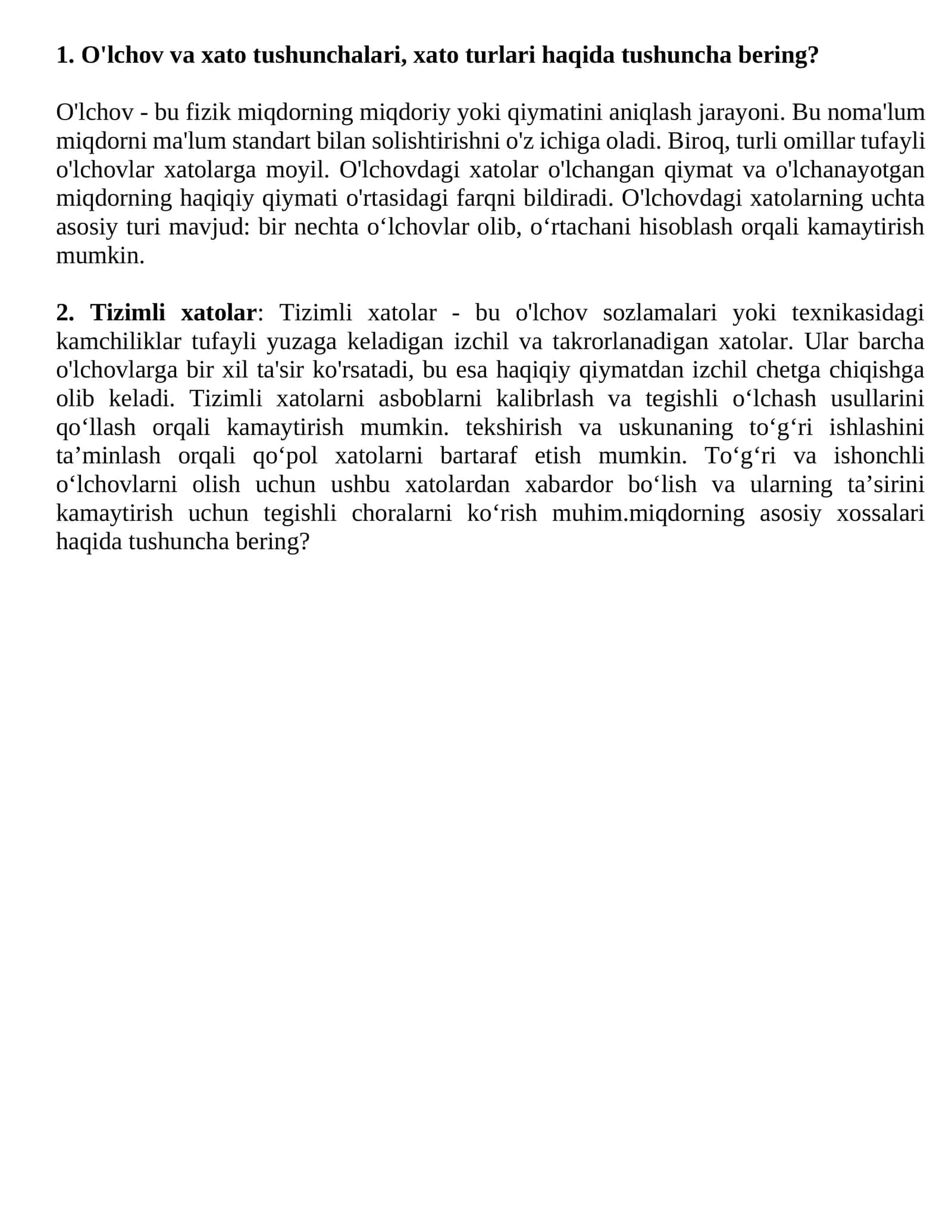 O'lchov va xato tushunchalari, xato turlari 1