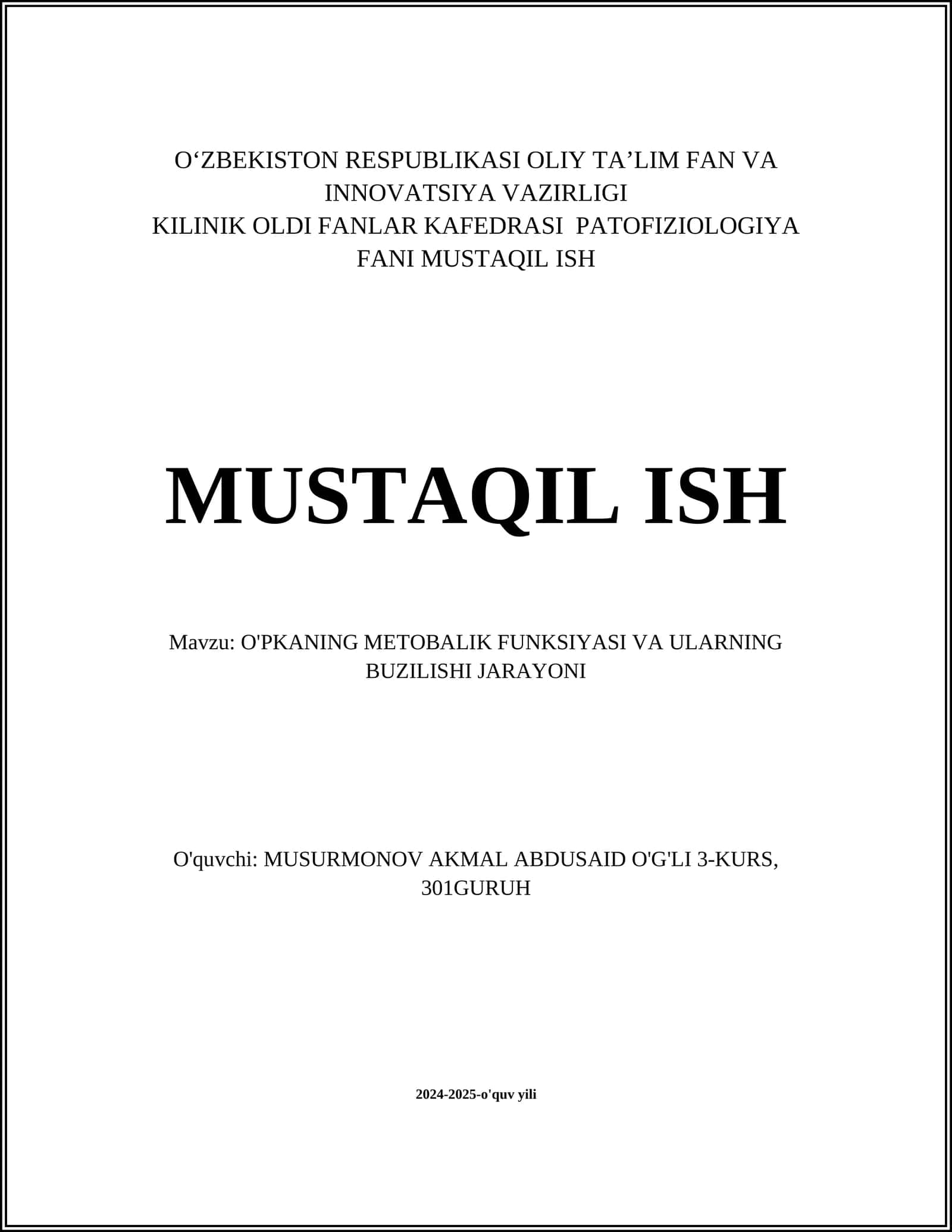 O'PKANING METOBALIK FUNKSIYASI VA ULARNING BUZILISHI JARAYONI 1