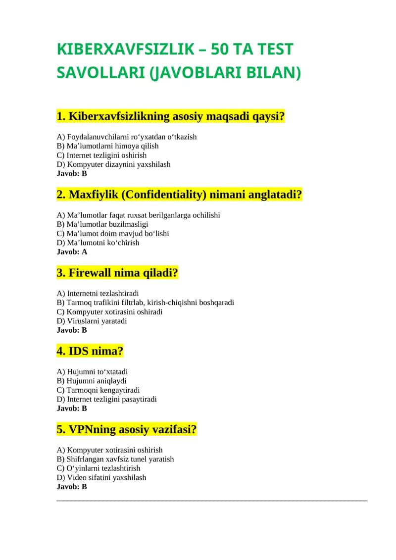 Kiberxavsizlik test savollari (javoblari) 1