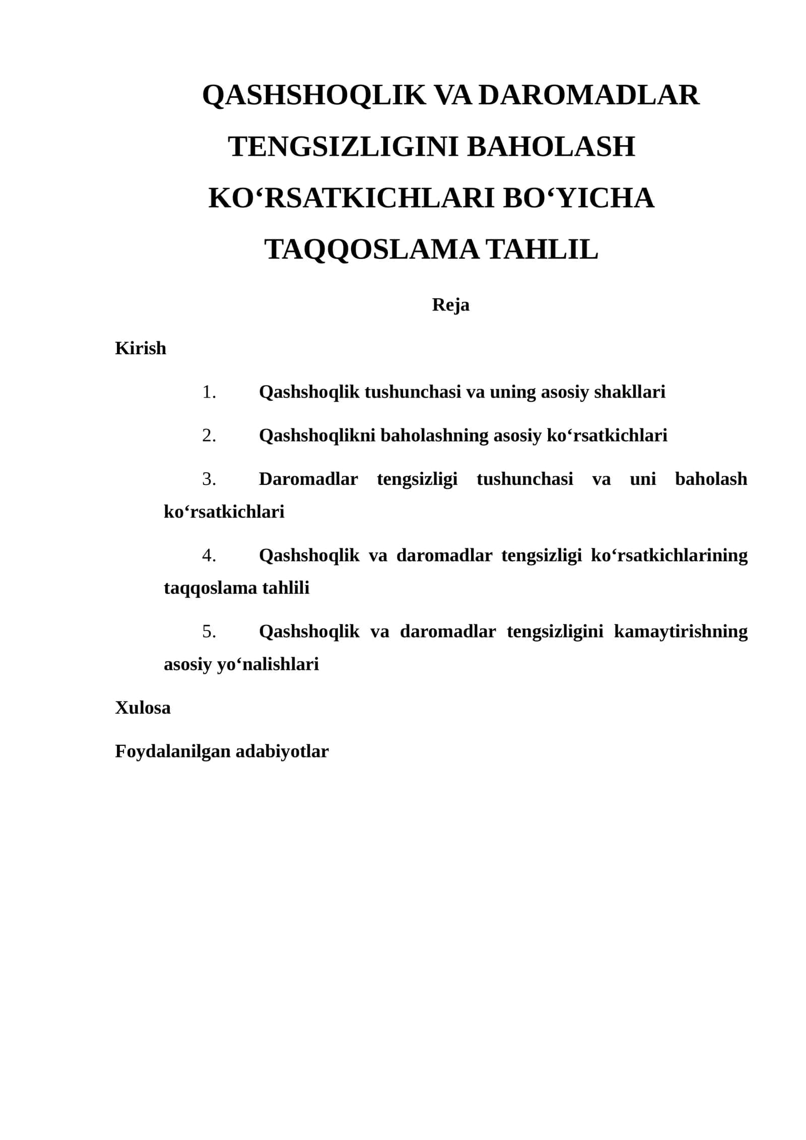 Qashshoqlik va Daromadlar Tengsizligini Baholash Ko‘rsatkichlari Bo‘yicha Taqqoslama Tahlil 1