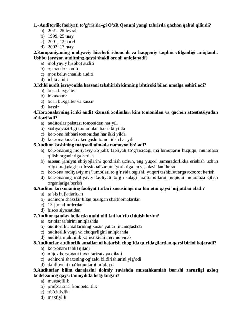 Auditorlik fanidan test savollari 1