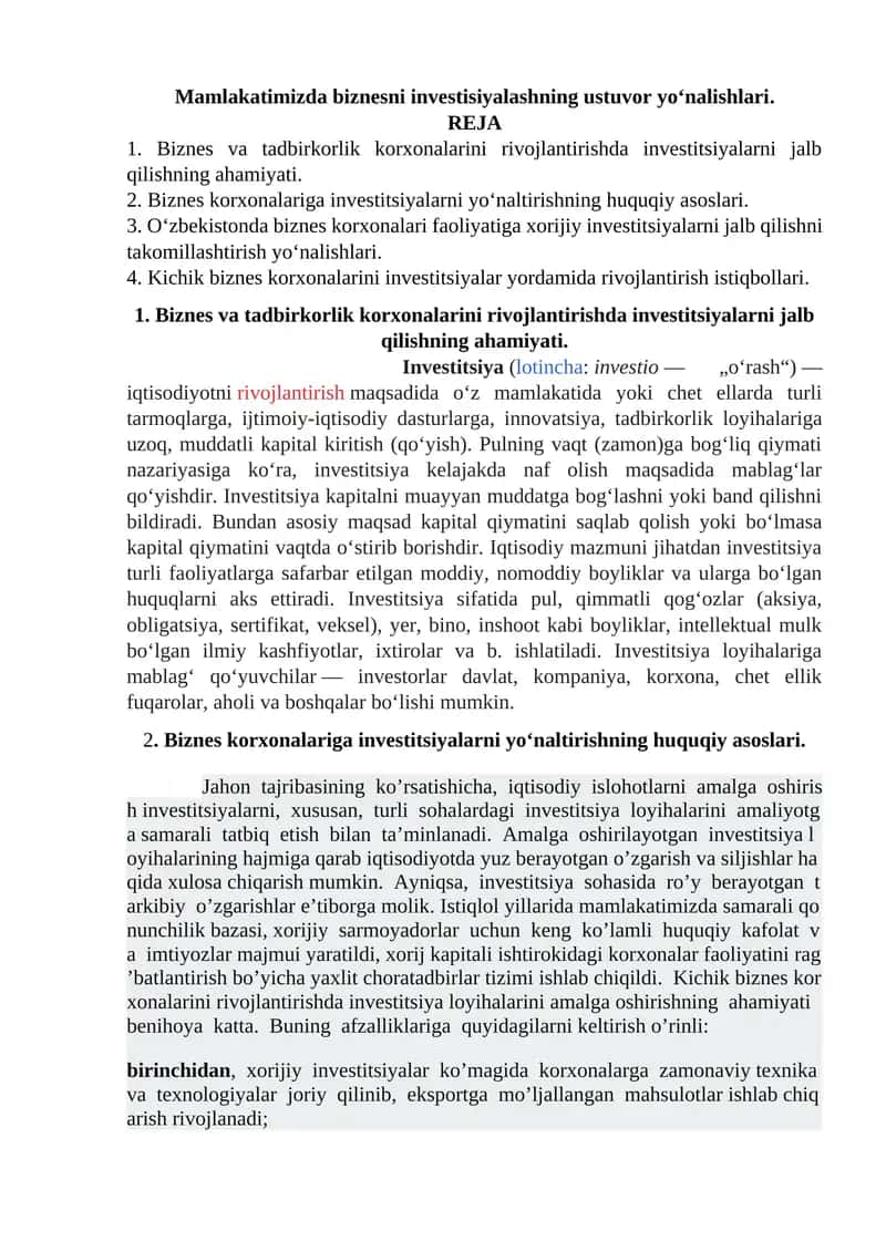 Mamlakatimizda biznesni investisiyalashning ustuvor yo‘nalishlari. 1