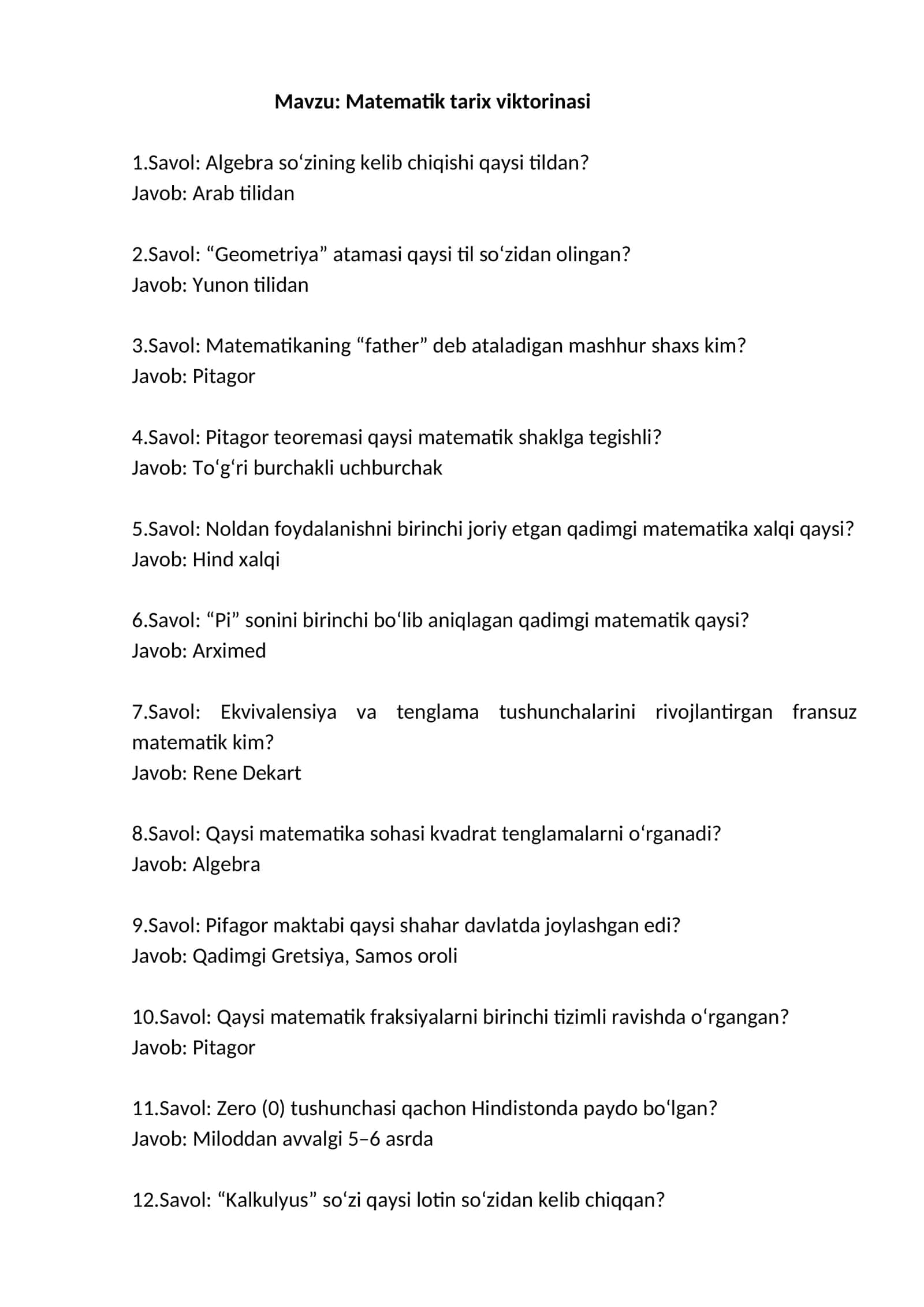 Matematik tarix viktorinasi 1