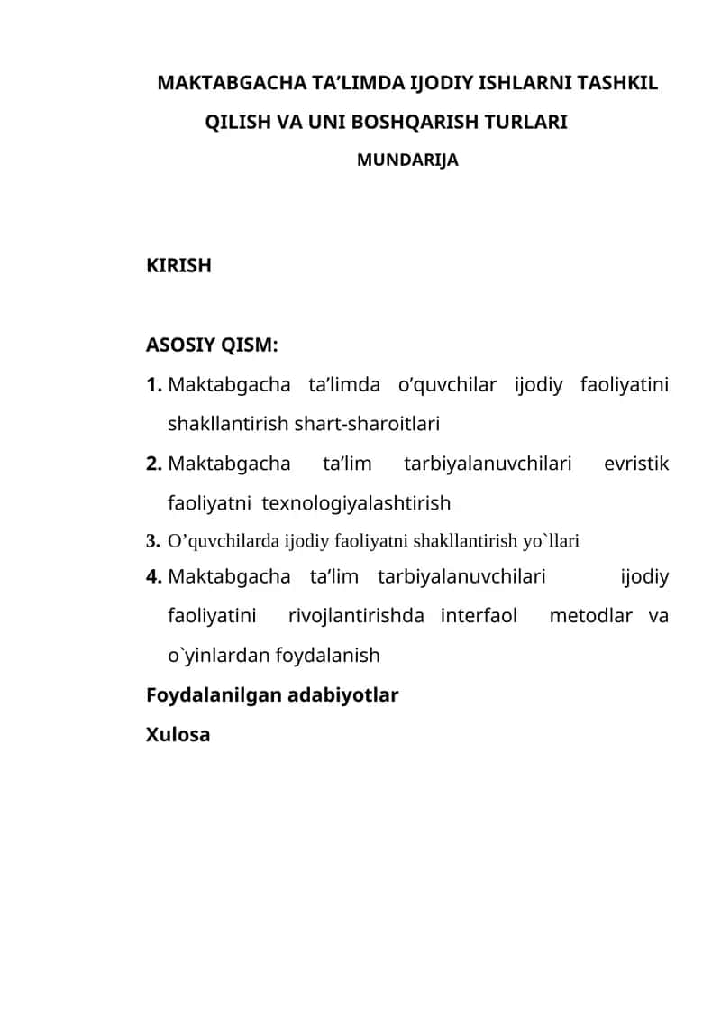 Maktabgacha ta’limda ijodiy ishlarni tashkil qilish va uni boshqarish turlari 1