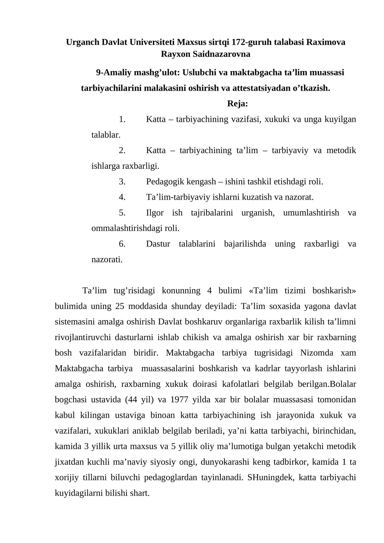 9-Amaliy mashg’ulot: Uslubchi va maktabgacha ta’lim muassasi tarbiyachilarini malakasini oshirish va attestatsiyadan o’tkazish 1