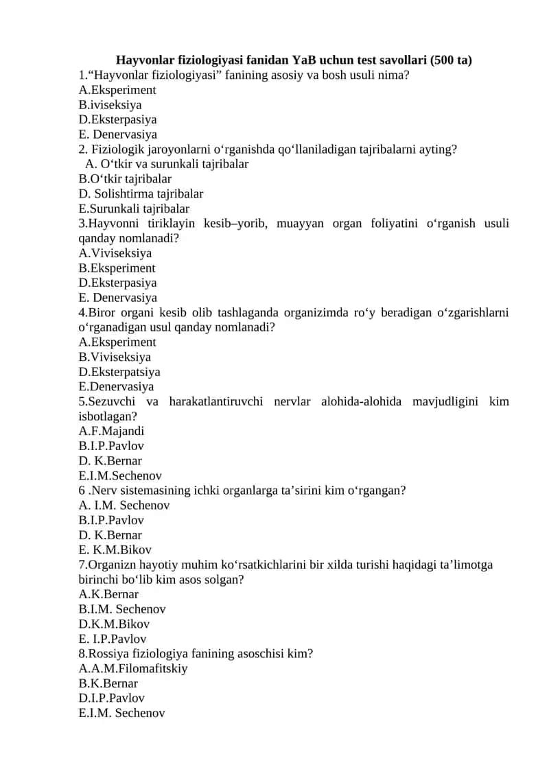 Hayvonlar fiziologiyasi fanidan YaB uchun test savollari (500 ta) 1