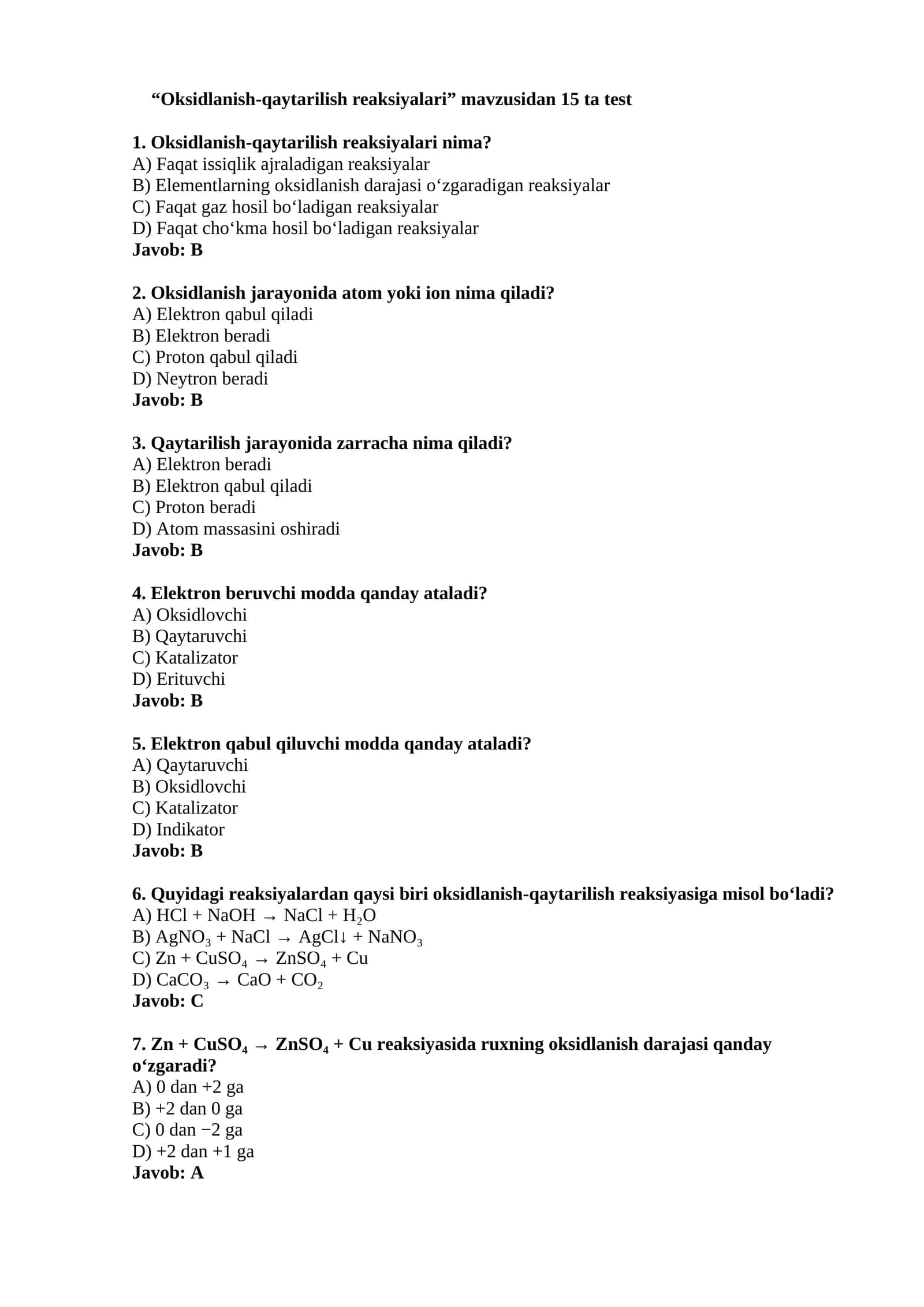 Oksidlanish-qaytarilish reaksiyalari test savollari 1