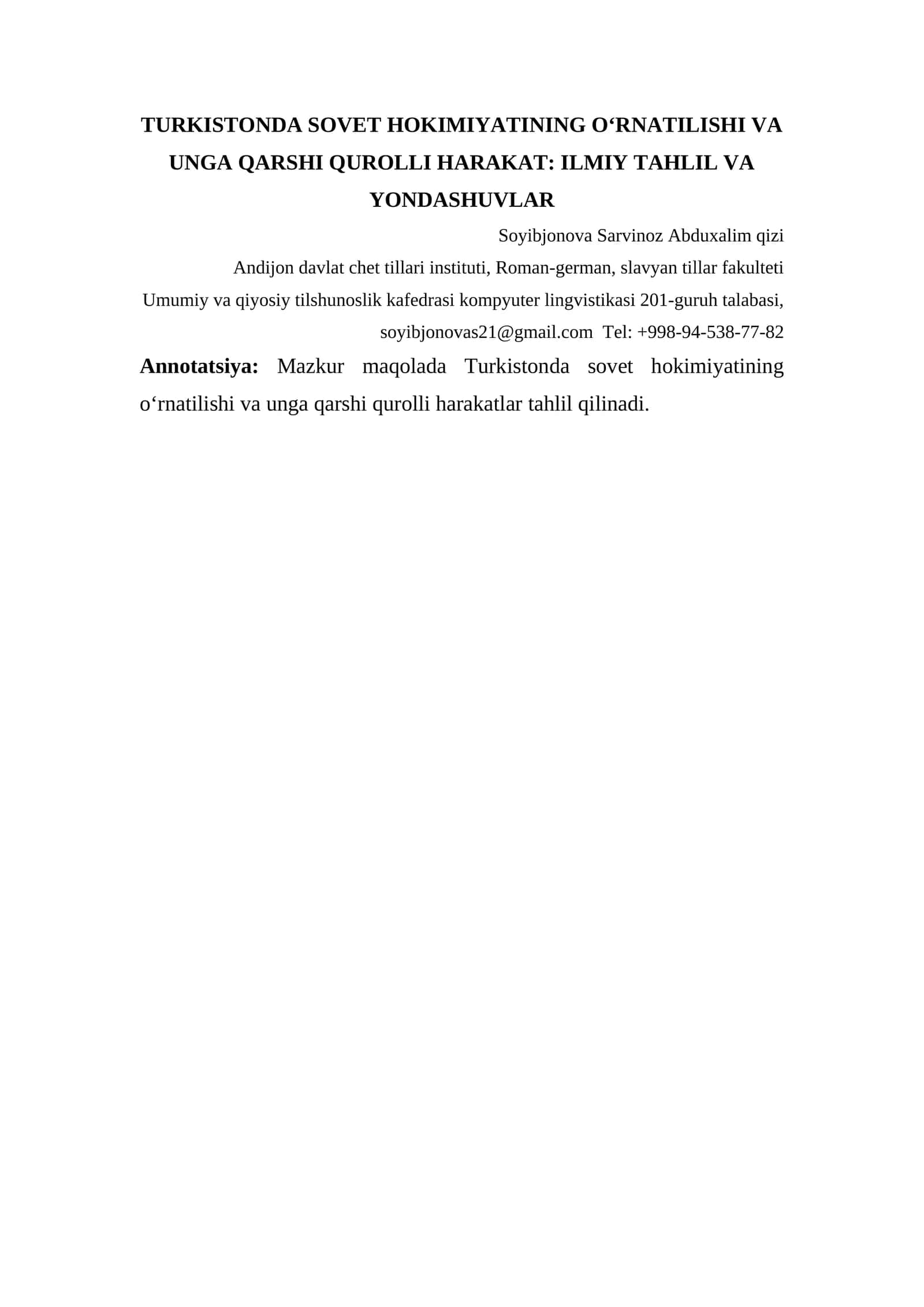 TURKISTONDA SOVET HOKIMIYATINING O‘RNATILISHI VA UNGA QARSHI QUROLLI HARAKAT: ILMIY TAHLIL VA YONDASHUVLAR 1