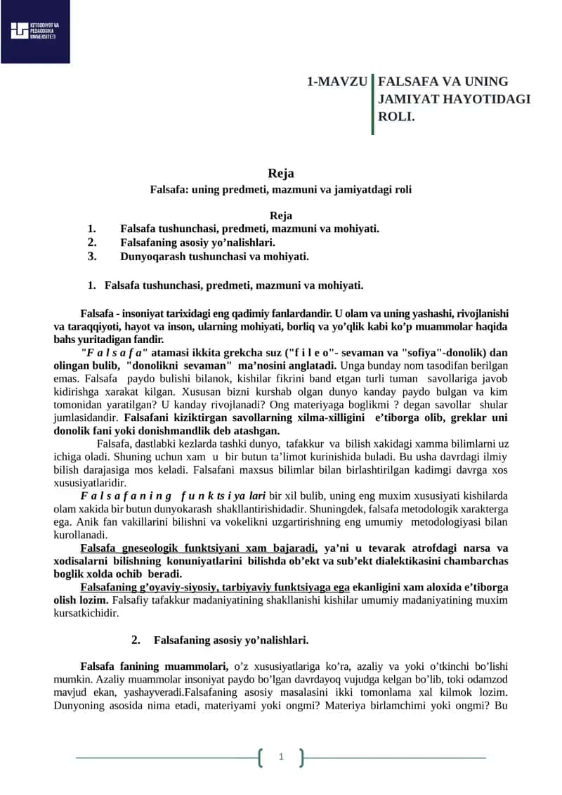 Falsafa va uning jamiyatdagi roli 1