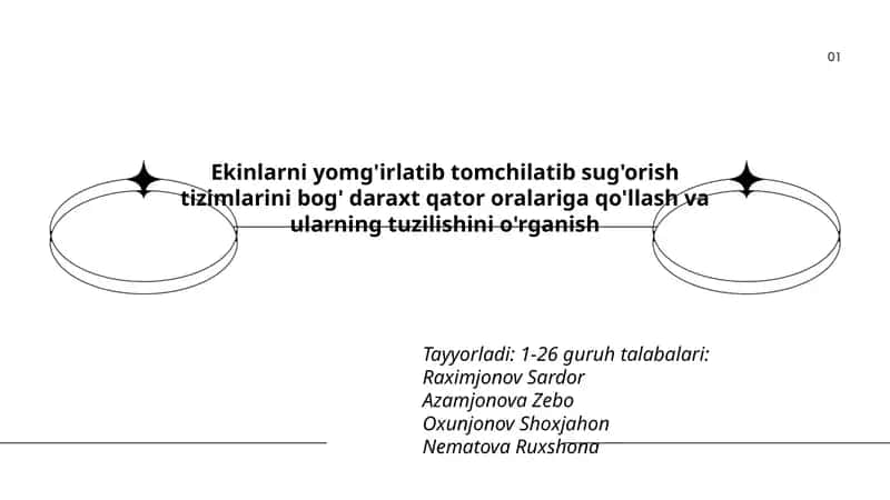 Ekinlarni yomg'irlatib tomchilatib sug'orish tizimlarini bog' daraxt qator oralariga qo'llash va ularning tuzilishini o'rganish 1