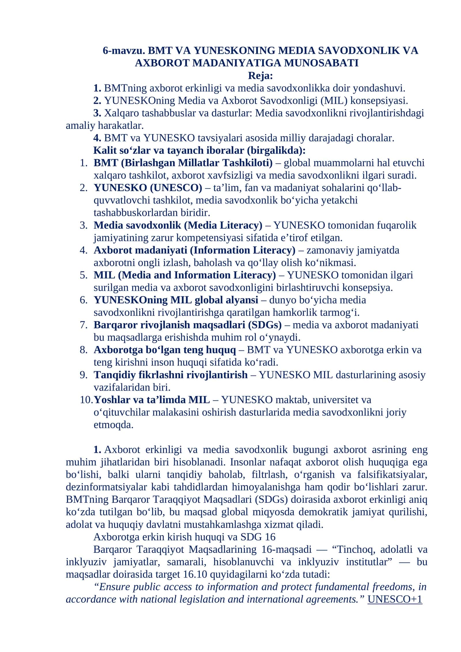BMT VA YUNESKONING MEDIA SAVODXONLIK VA AXBOROT MADANIYATIGA MUNOSABATI 1