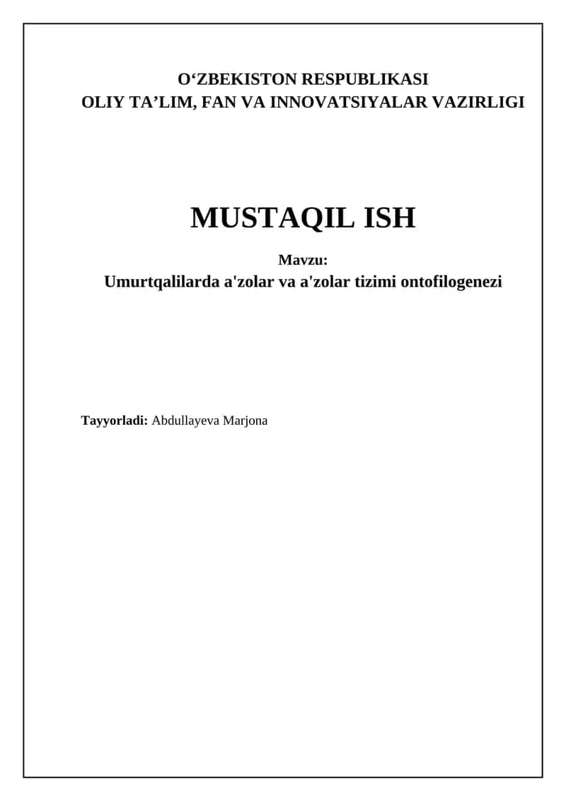 Umurtqalilar organlari va organ sistemalarining ontofilogenezi 1