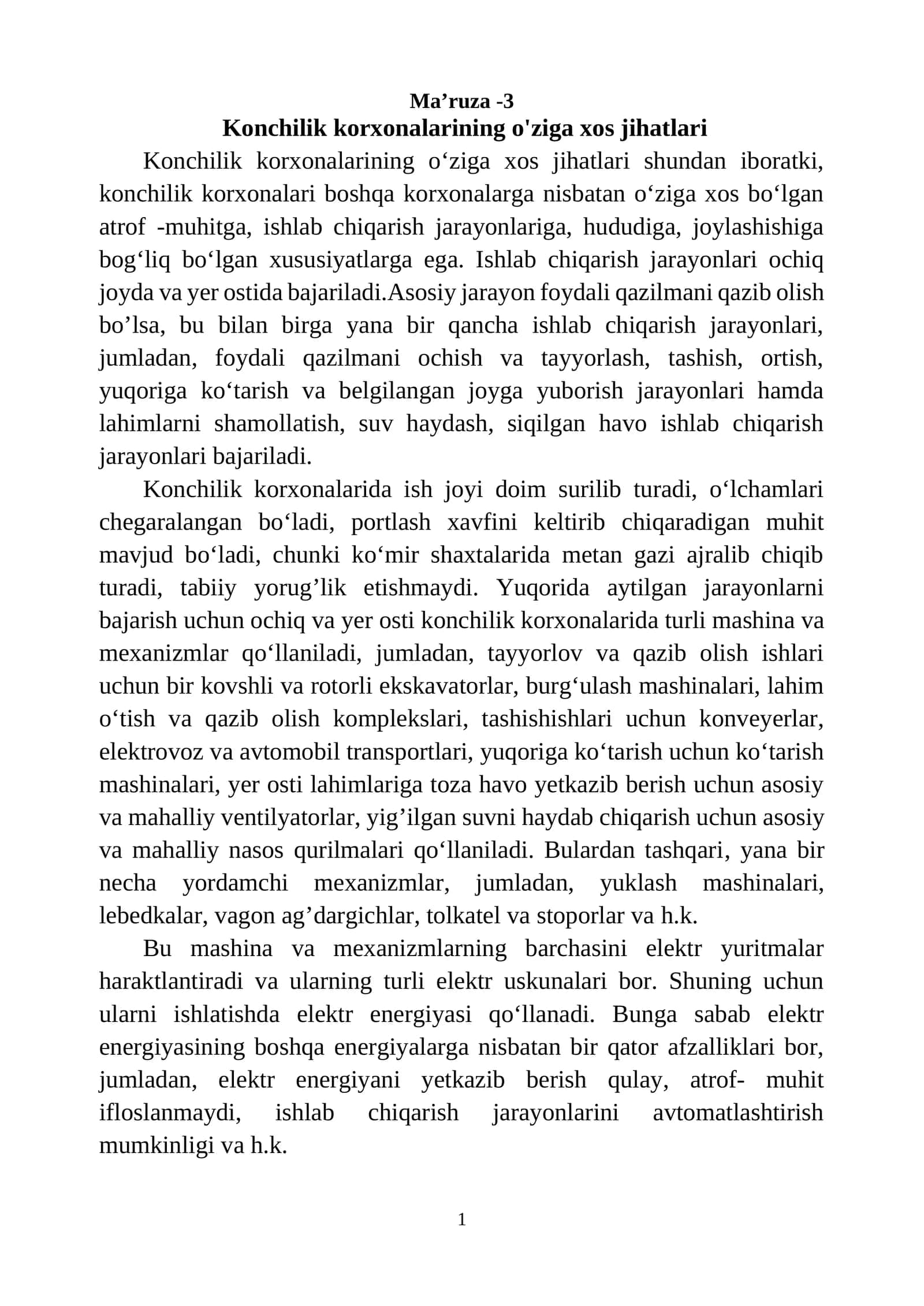 Konchilik korxonalarining o'ziga xos jihatlari 1
