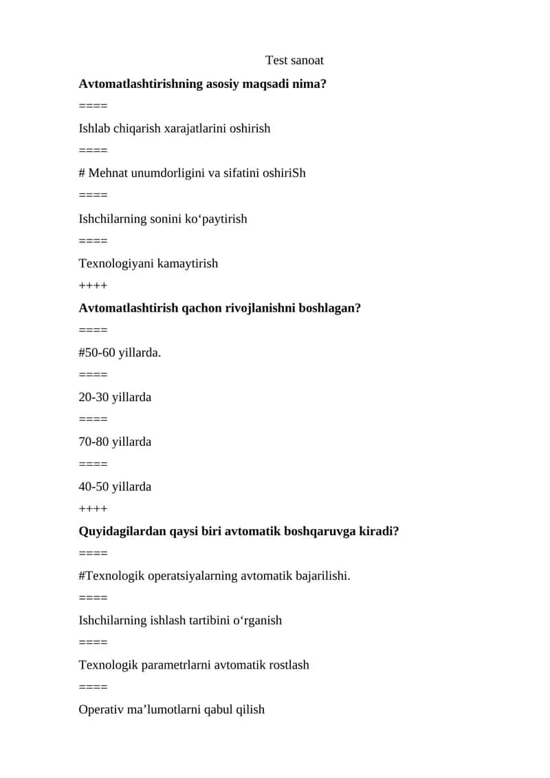 Ishlab chiqarish va sanoat fanidan test savollari 1