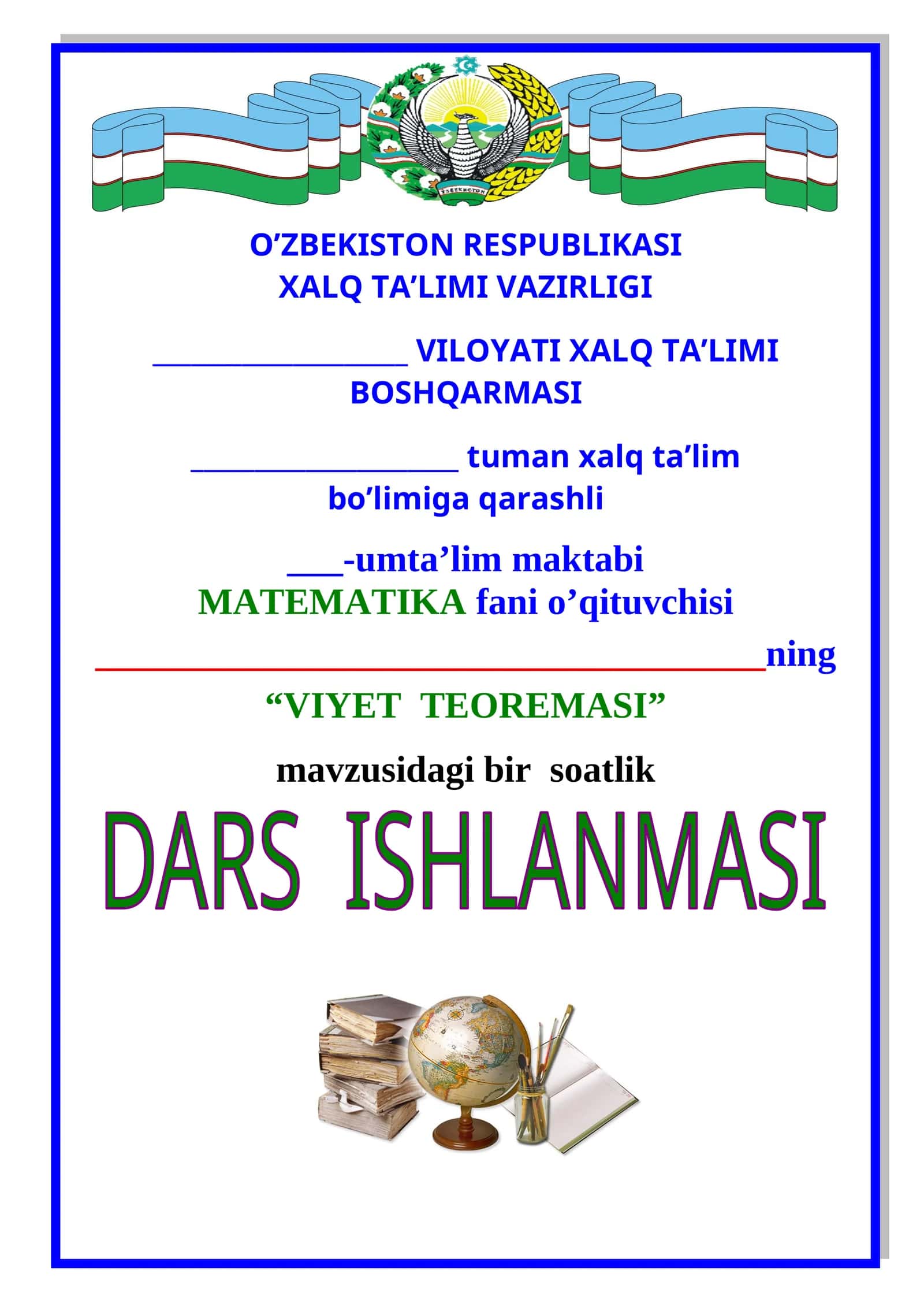 8-sinf Algebra fanidan Viyet teoremasi. Kvadrat uchhad ochiq dars ishlanmasi 1
